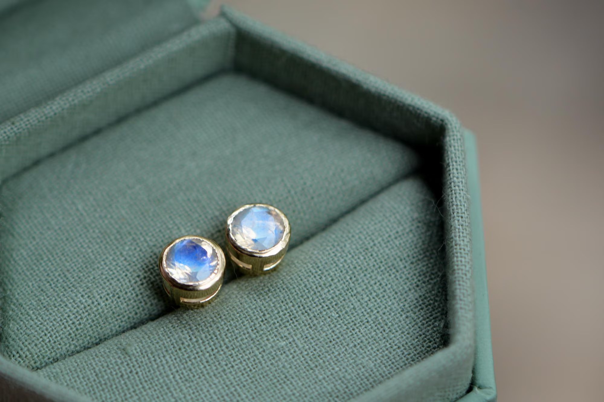 Moonstone Round Bezel Stud Earrings Solid 14k Gold : June Birthstone Jewelry