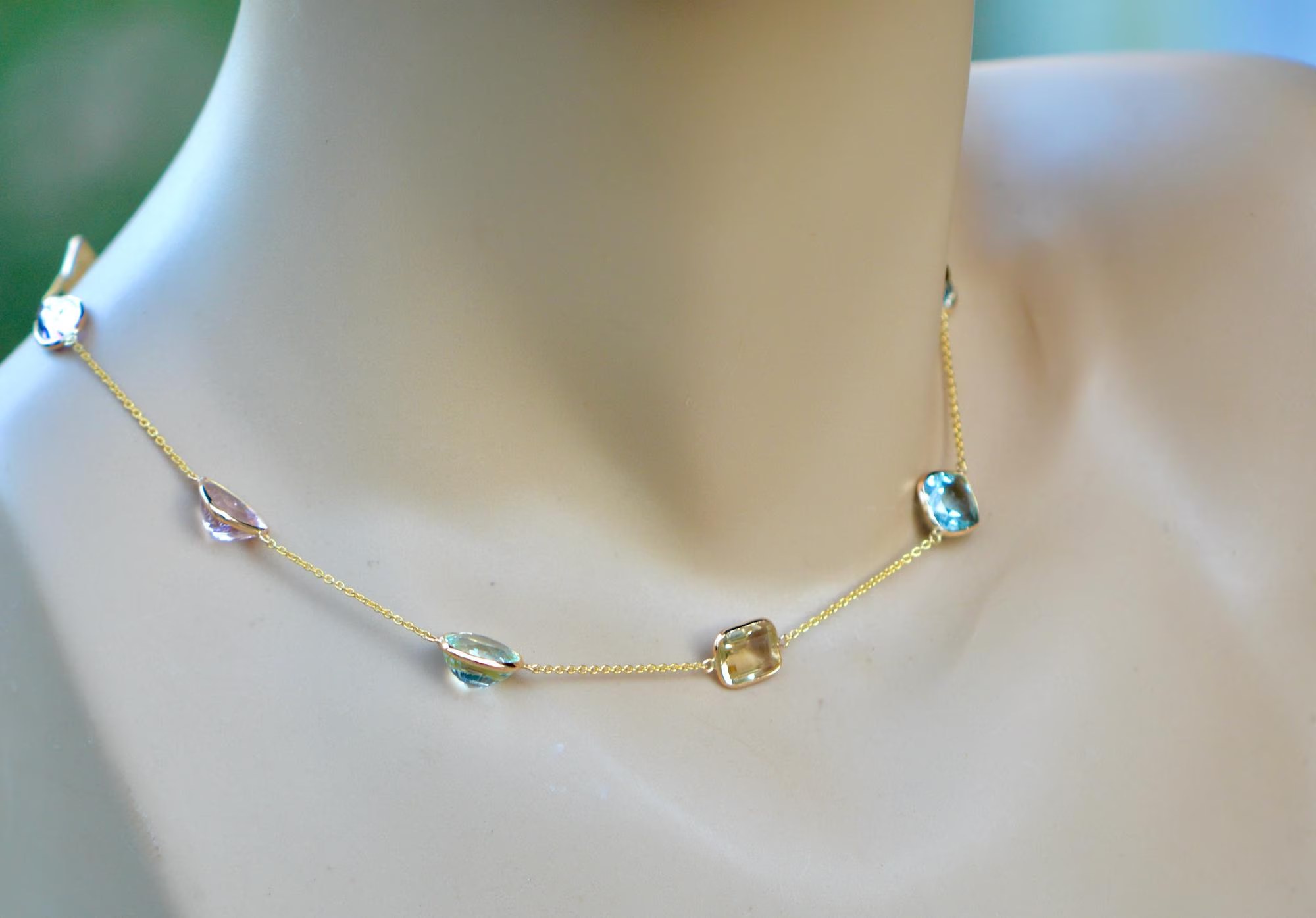 Aquamarine Prasiolite Rose Quartz Citrine Amethyst Spinel Statement Layering Necklace for Women, Multigemstone Birthstone Necklace 18k Gold