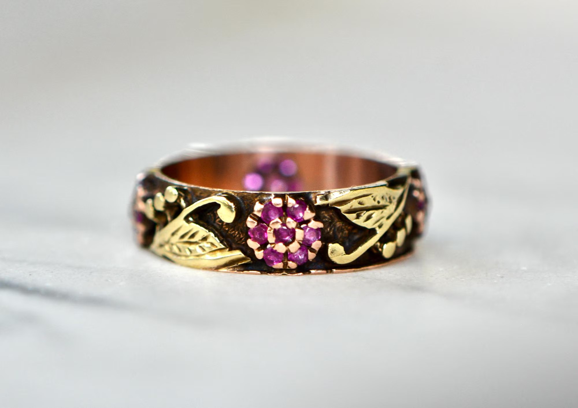 Retro Ruby Handcrafted Anniversary Band 14k Gold : July Birthstone