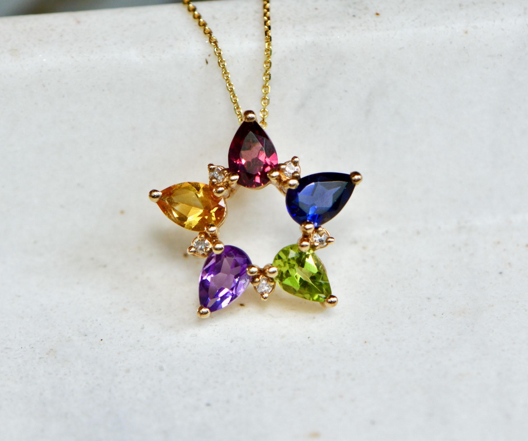 Multigemstone Pendant Solid 10k Gold : Garnet Citrine Amethyst Peridot, Iolite & Diamonds Birthstone