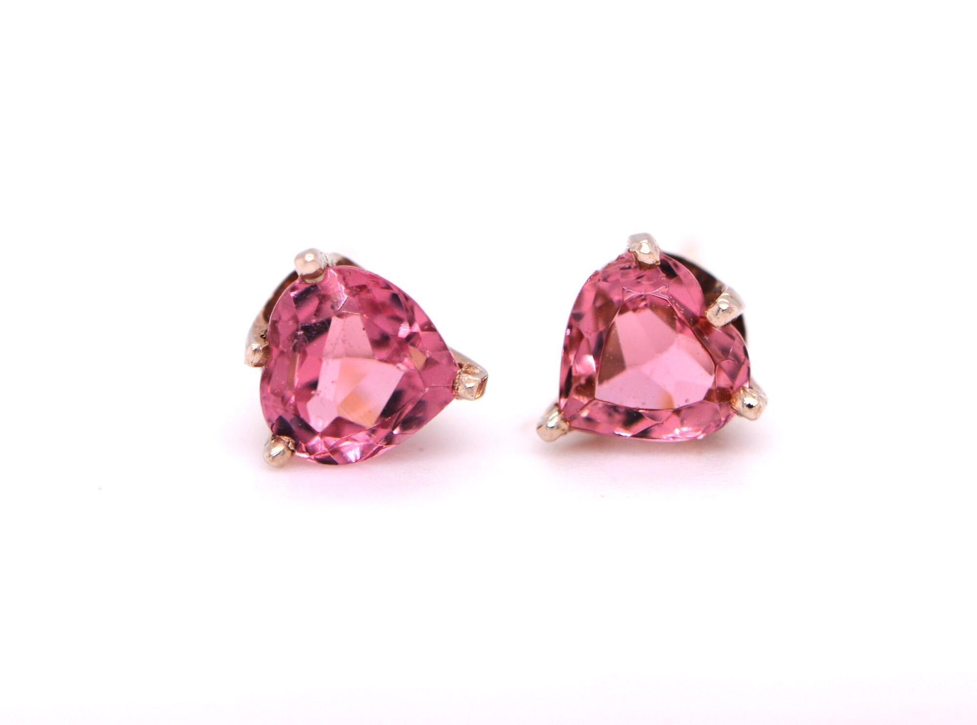 Pink Tourmaline Heart Stud Earrings Solid 14kt Gold : October Birthstone Jewelry
