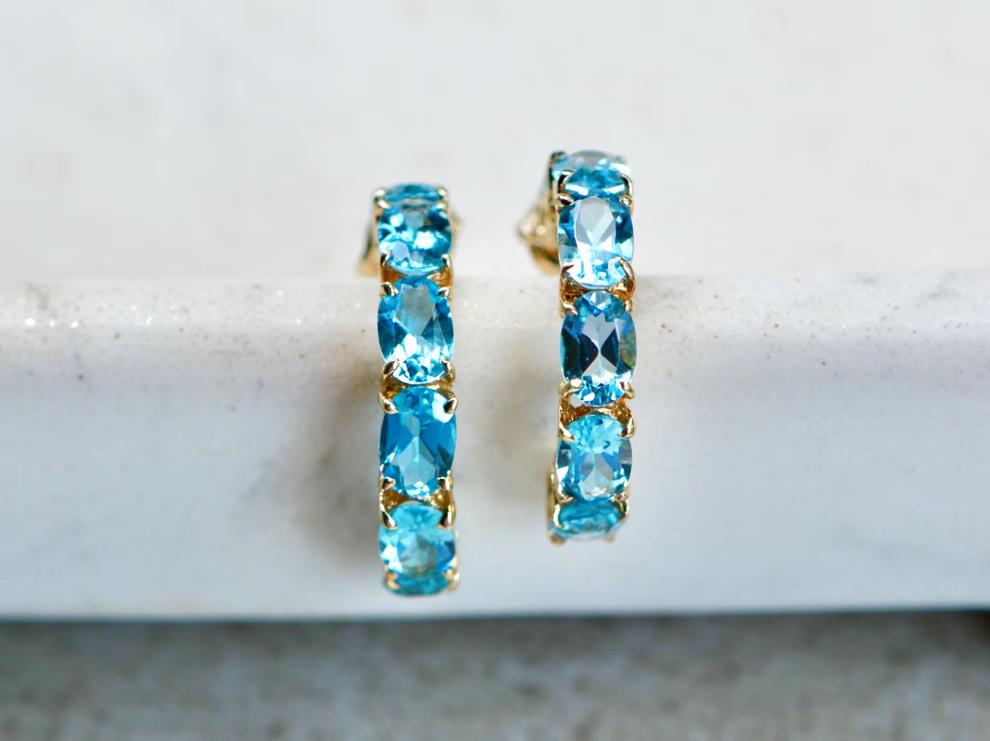 Blue Topaz Half Hoop Earrings Solid 14kt Gold : December Birthstone