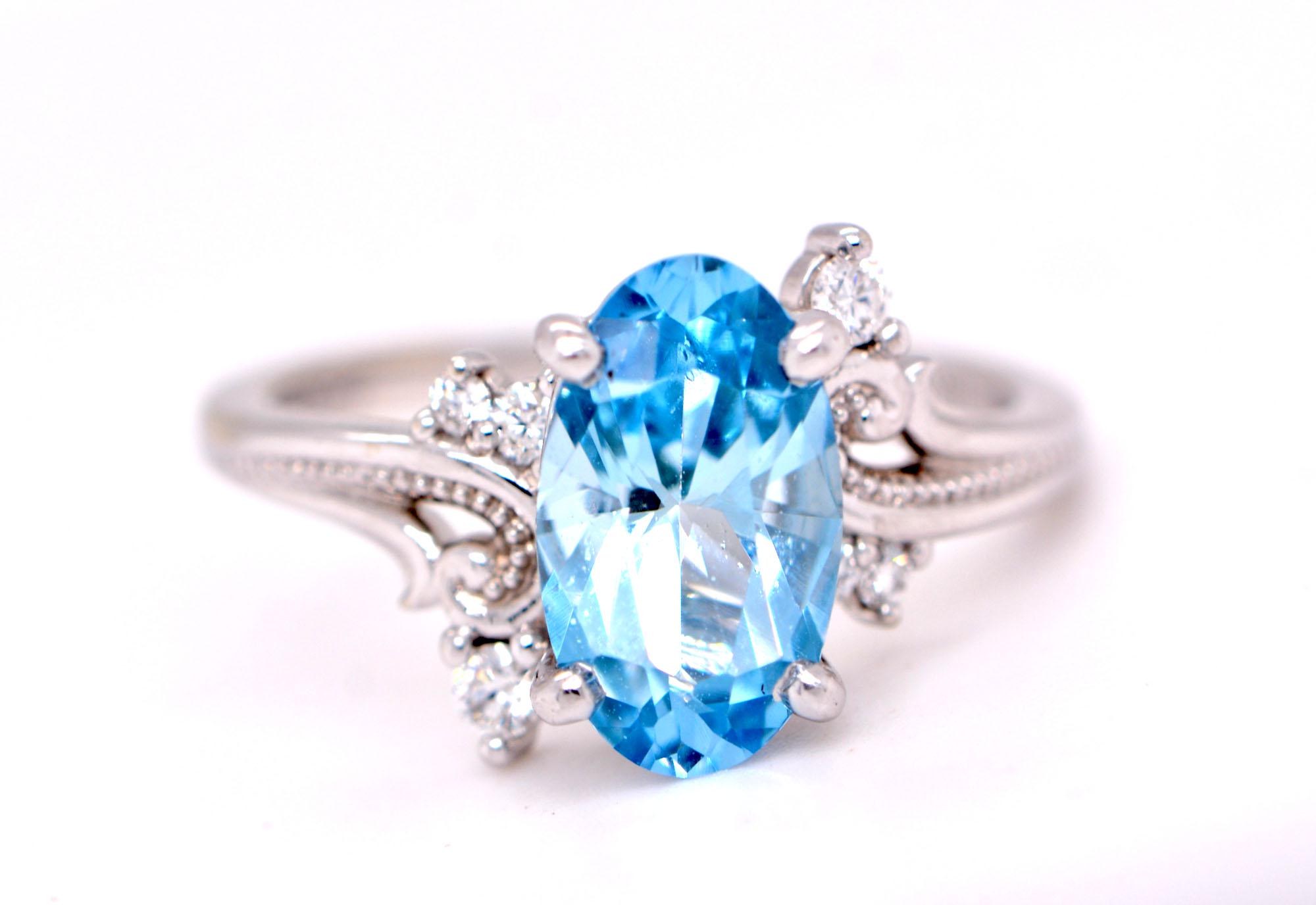 Aquamarine Diamond Oval Cocktail Ring 14kt White Gold : March Birthstone Jewelry
