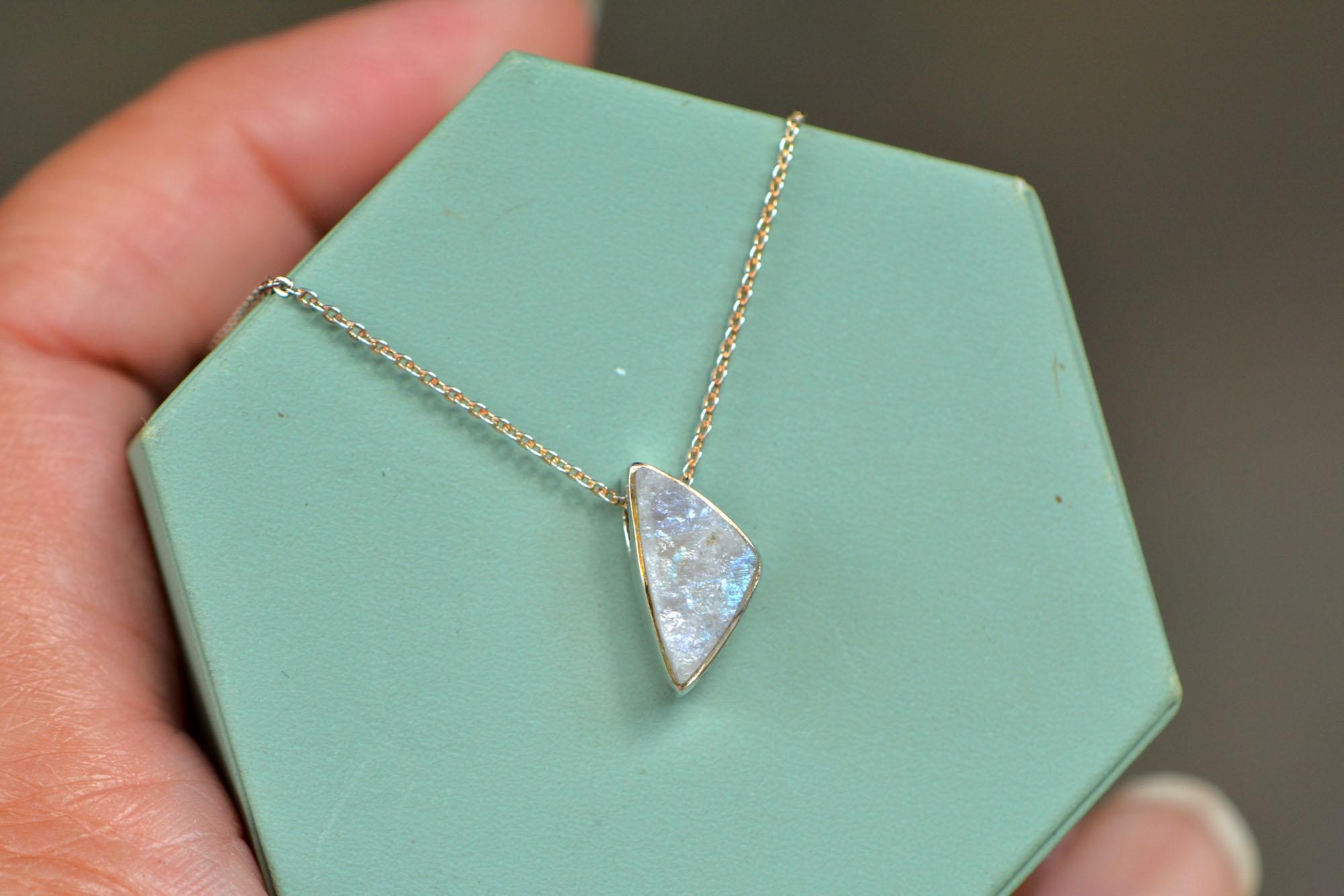 Raw Moonstone Triangle Slide Necklace Sterling Silver : June Birthstone Pendant
