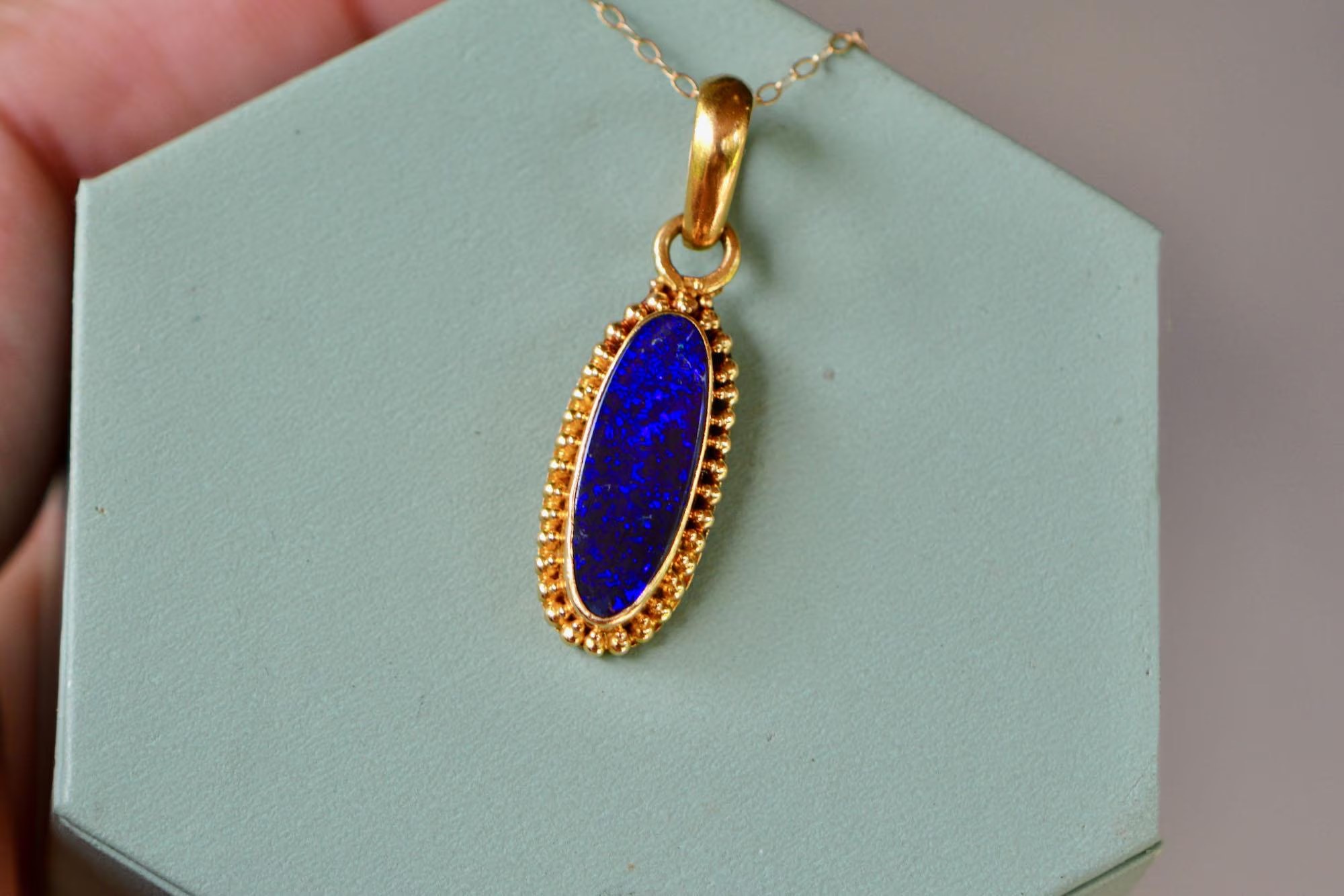 Black Opal Australian 22k Yellow Gold Oval Pendant : October Birthstone Charm