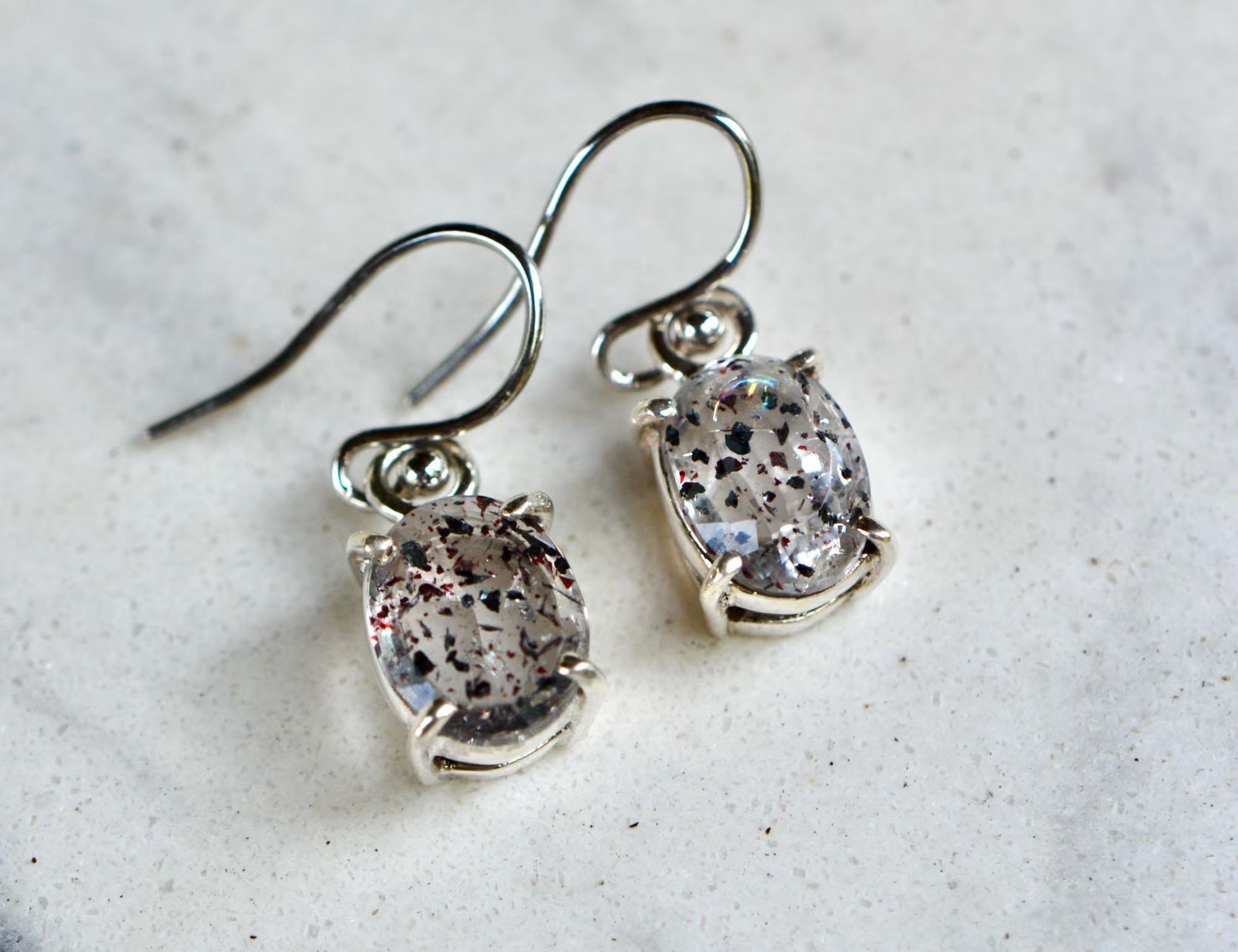 Black Rutile Tourmalated Quartz Dangly Earrings Sterling Silver : Lepidocrocites in Quartz Drops