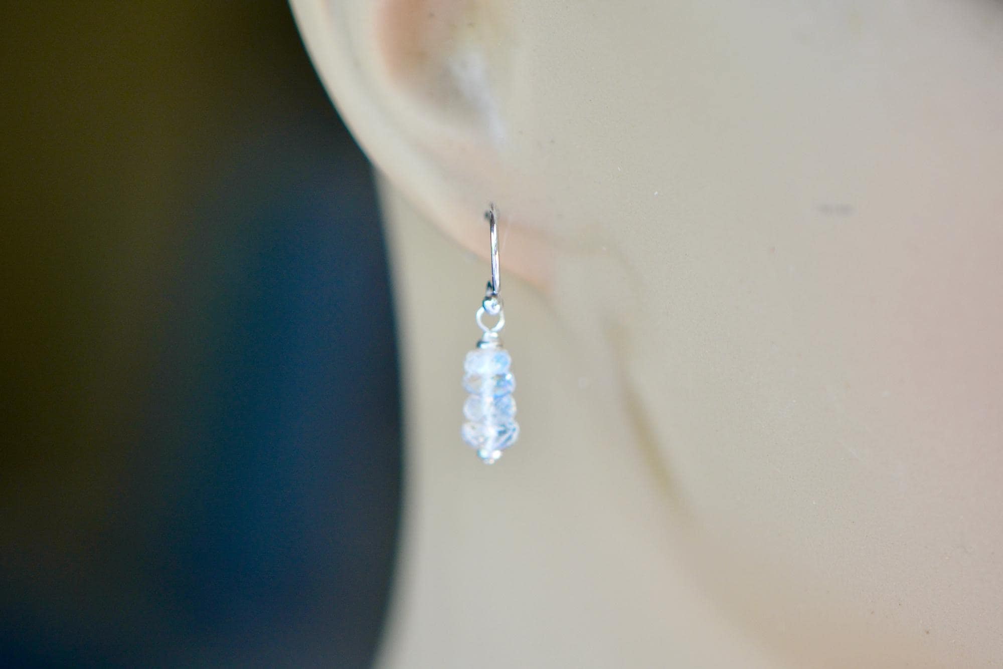 Natural Moonstone Bead Dangly Earrings Sterling Silver : June Birthstone Drops, detail view