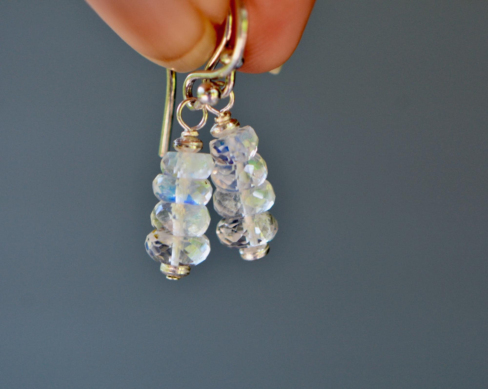 Natural Moonstone Bead Dangly Earrings Sterling Silver : June Birthstone Drops