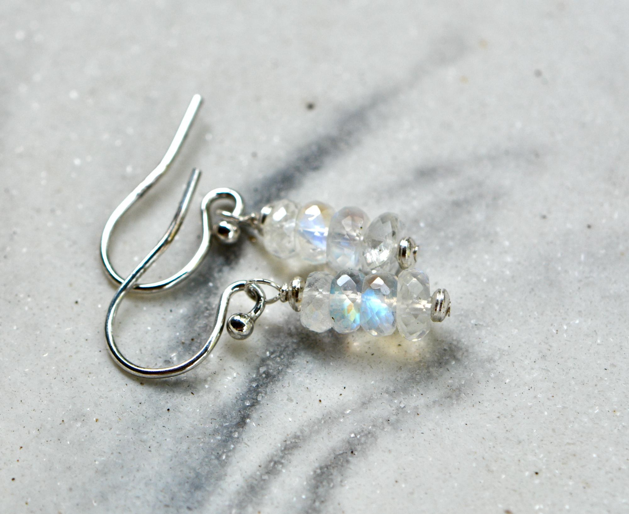 Natural Moonstone Bead Dangly Earrings Sterling Silver : June Birthstone Drops, detail view