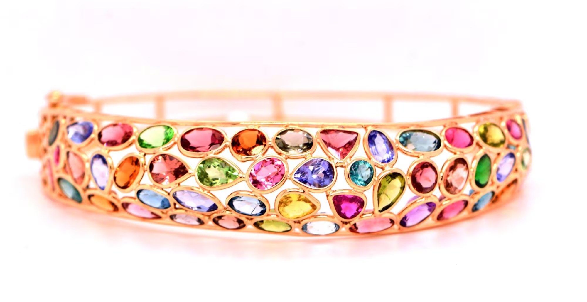 Multigemstone Statement Bracelet Solid 18k Gold : Amethyst Citrine Peridot Garnet Pink Tourmaline Bangle for Women