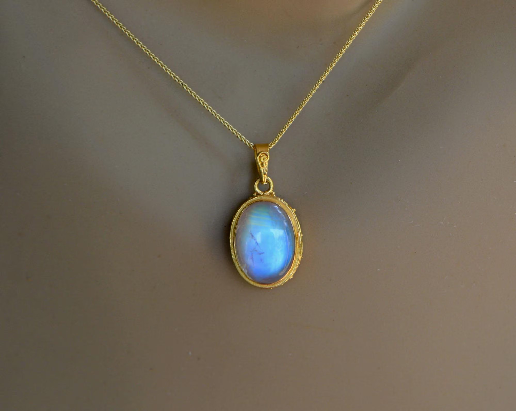Blue Moonstone AAA Oval Bezel Necklace 18k Gold : June Birthstone Pendant