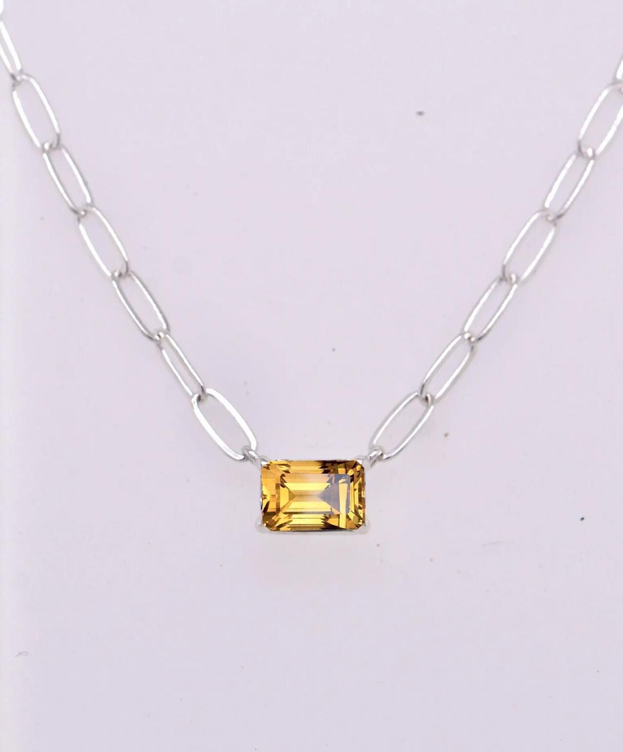 Citrine Paper Clip Link Chain Necklace Solid 14k Gold : November Birthstone, detail view