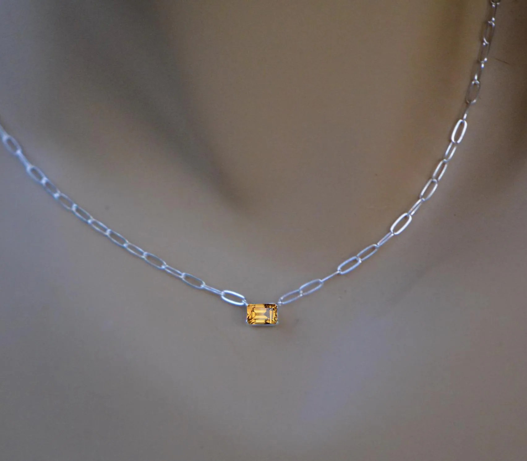 Citrine Paper Clip Link Chain Necklace Solid 14k Gold : November Birthstone