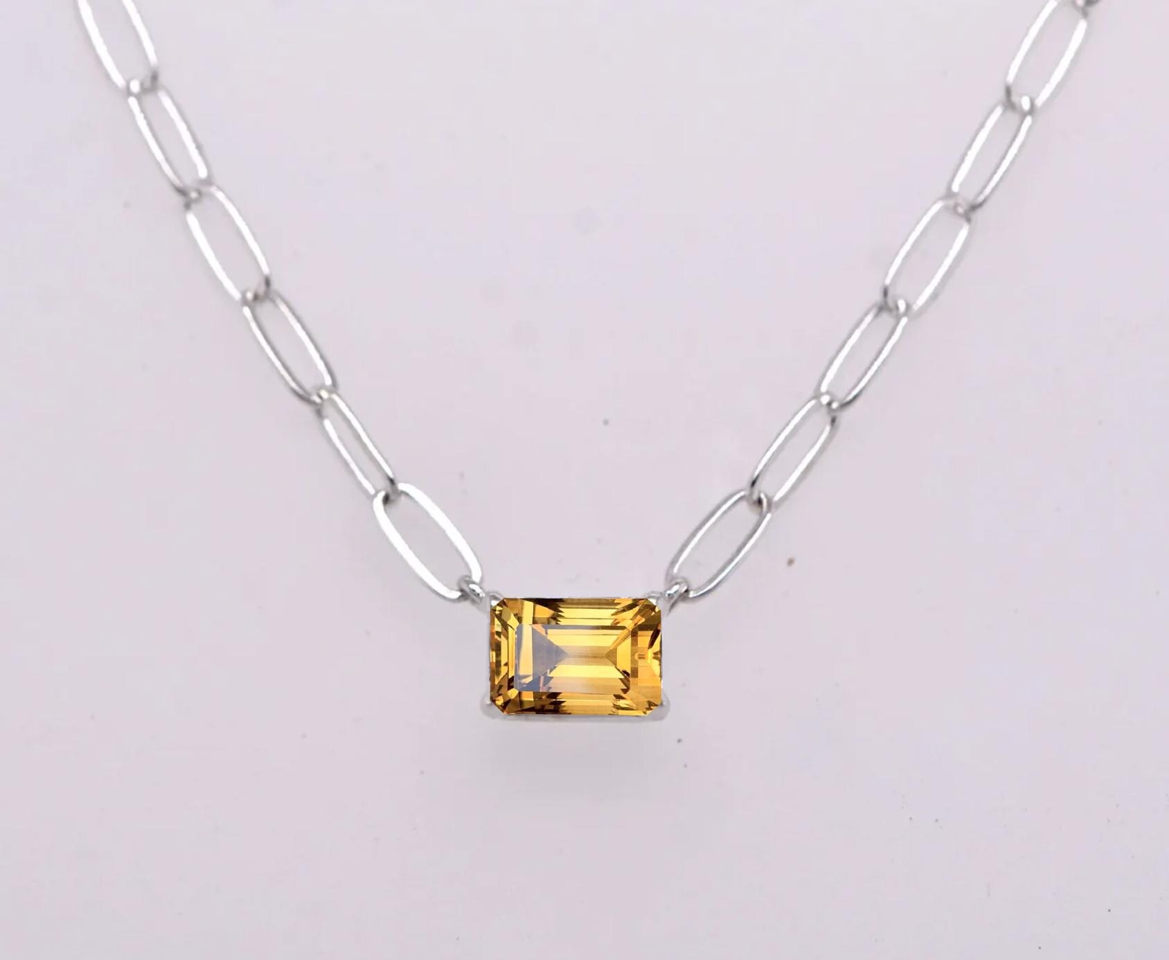 Citrine Paper Clip Link Chain Necklace Solid 14k Gold : November Birthstone, detail view