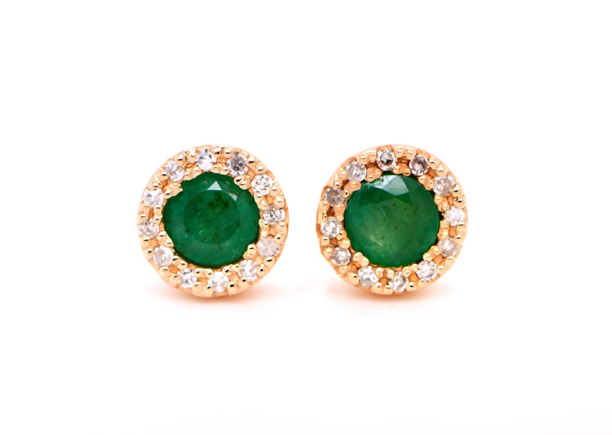 Emerald Diamond Halo Vintage Stud Earrings 14kt Gold - May Birthstone Jewelry