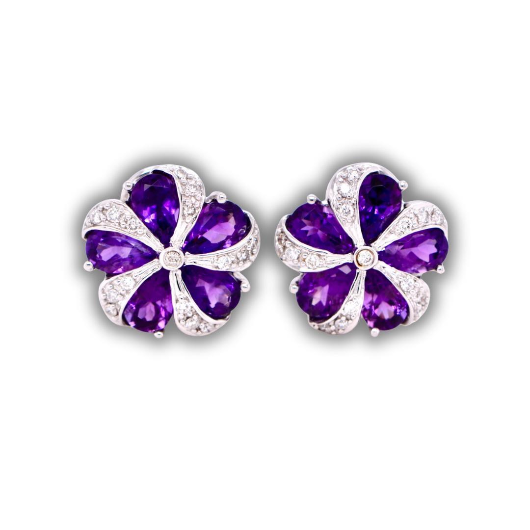 Amethyst Diamond Leverback Stud Earrings 14kt White Gold : February Birthstone Jewelry