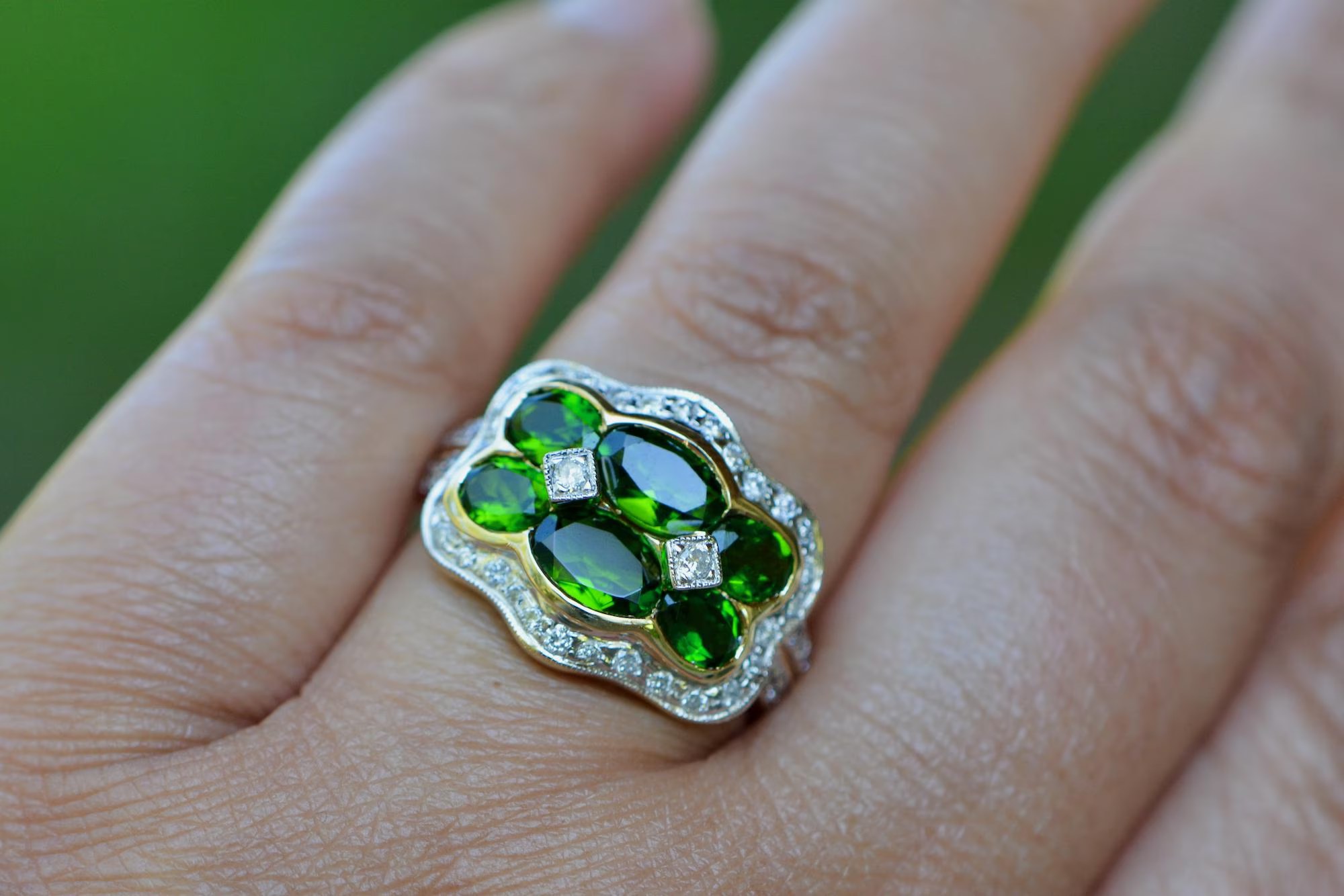 Tsavorite Garnet & Diamond Vintage Cocktail Ring 14kt Gold : January Birthstone Jewelry