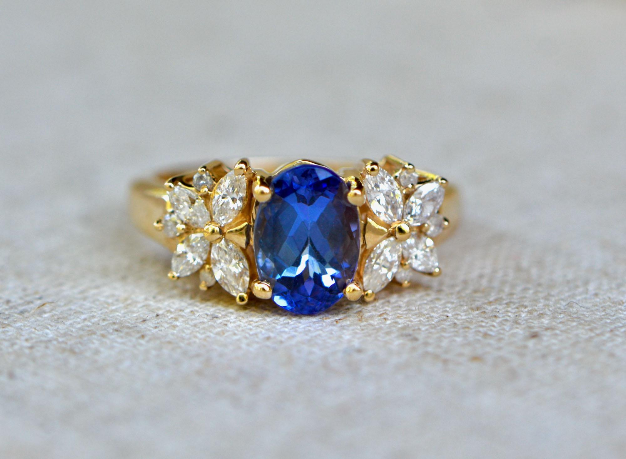 Tanzanite Natural Diamond Vintage 14k Gold Statement Floral Ring : December Birthstone Jewelry