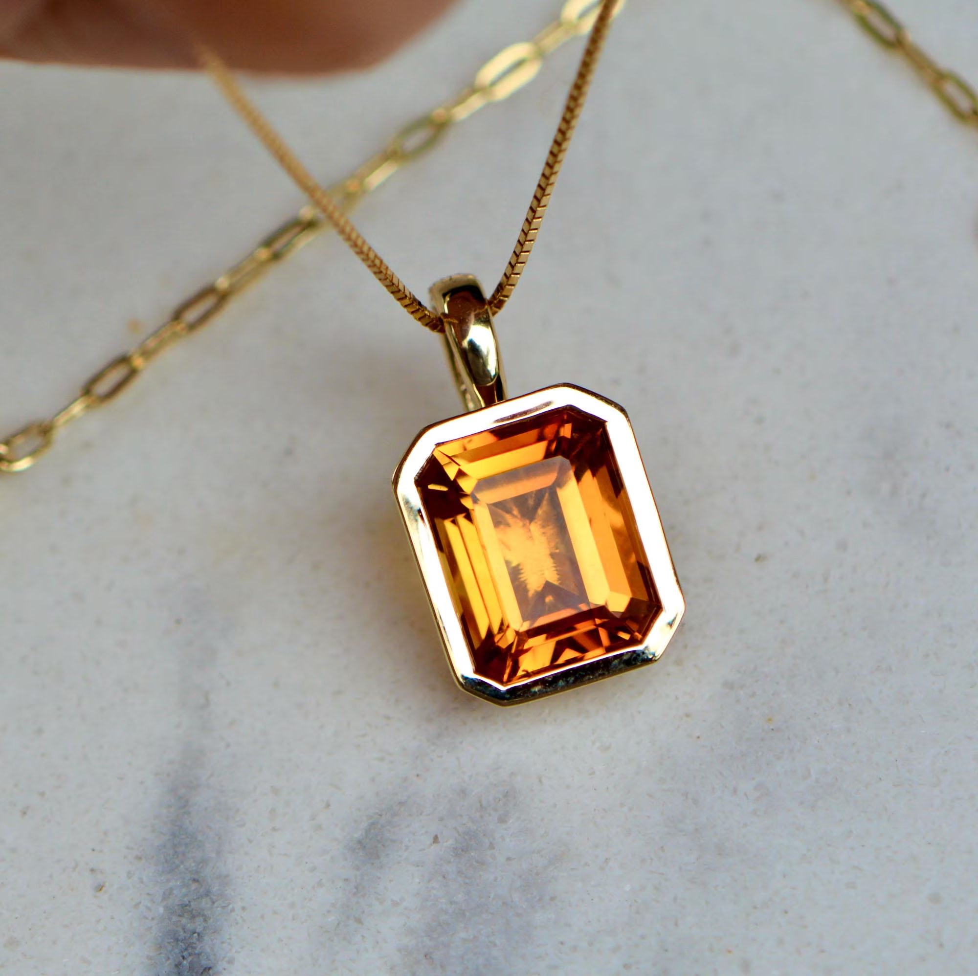 Honey Citrine Emerald Cut Statement Pendant Solid 14k Gold : November Birthstone
