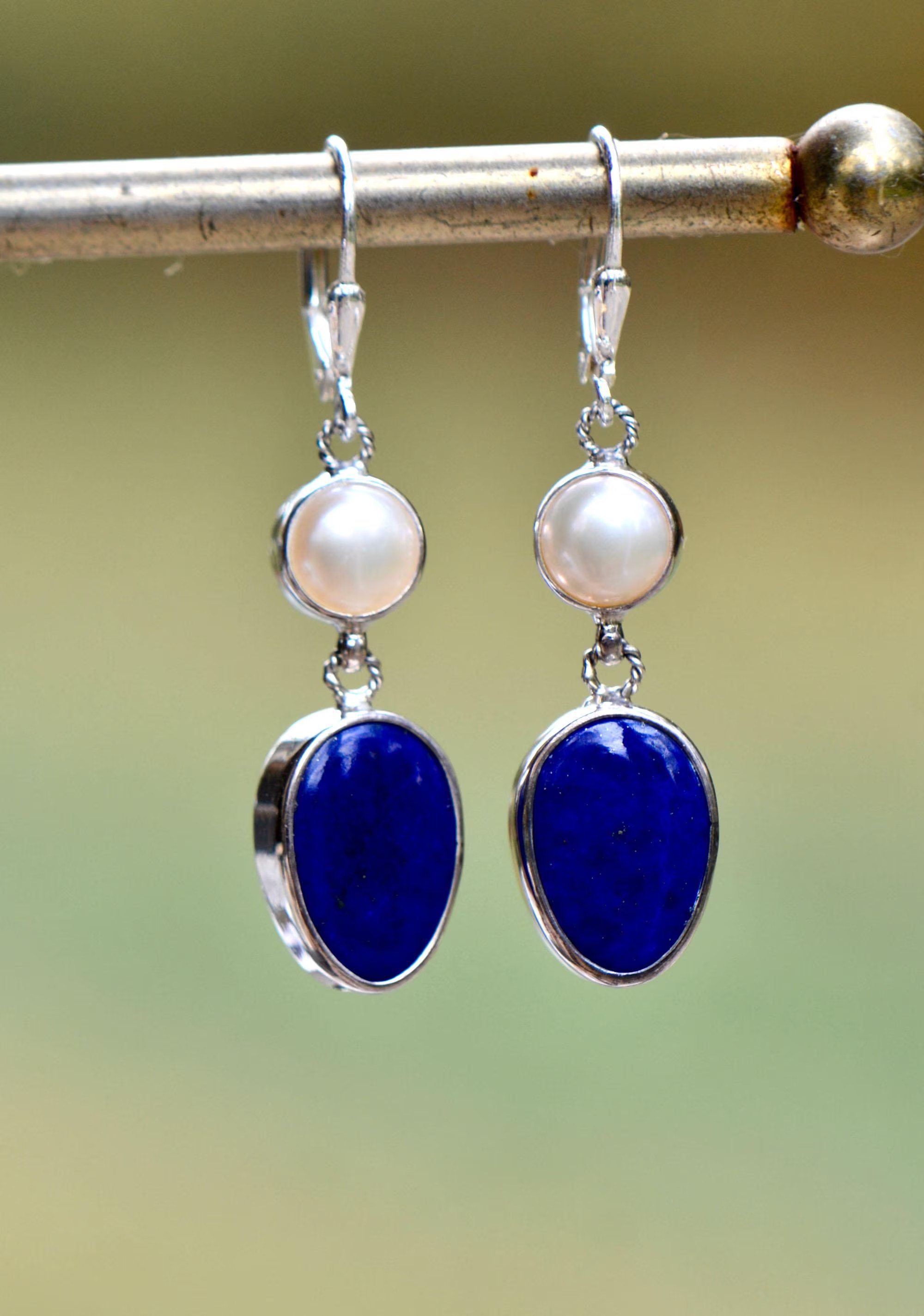 Lapis Lazuli and Pearl Dangly Earrings Sterling Silver Earrings for Women : June December Birthstone Jewelry