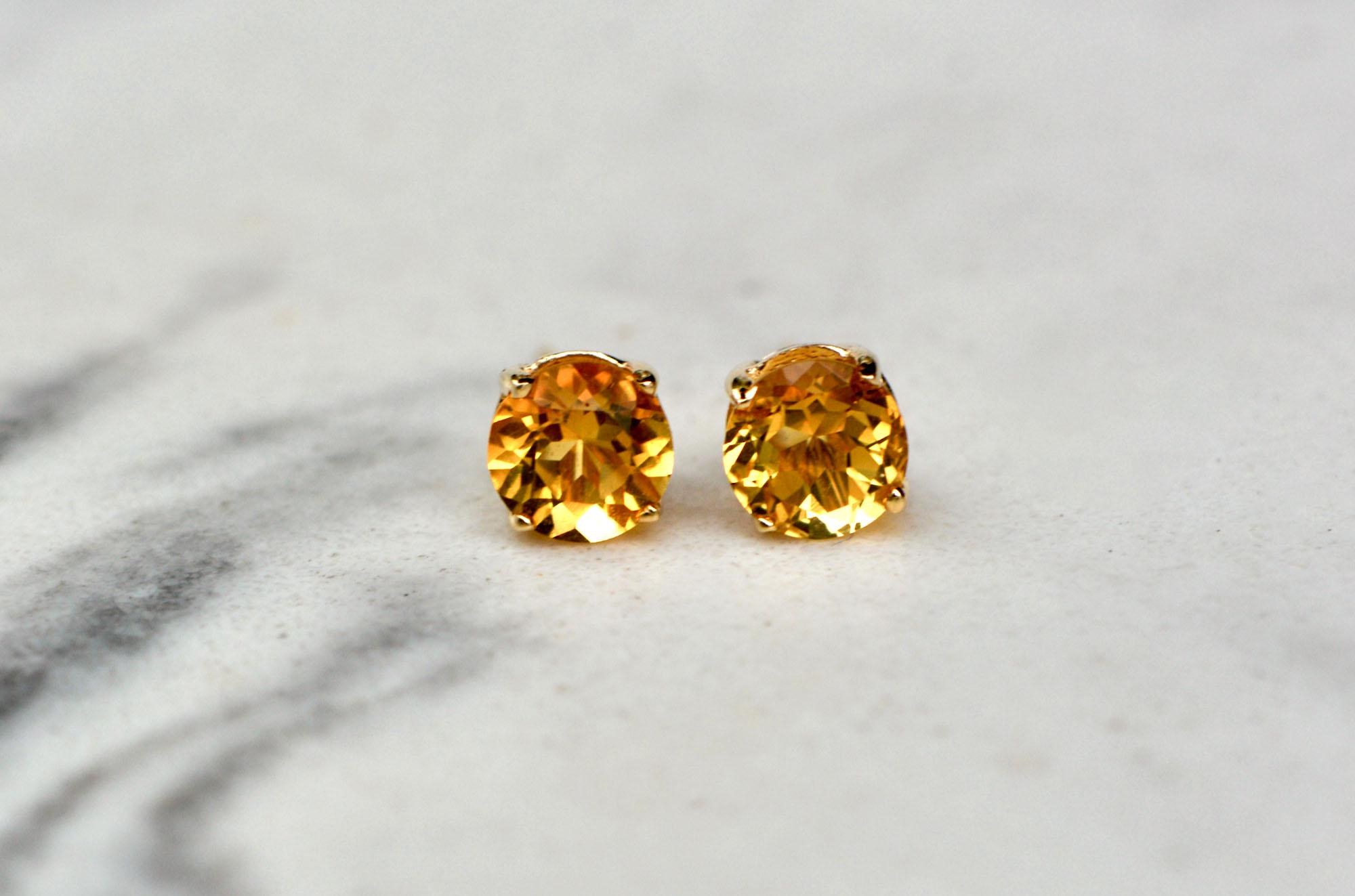 Citrine Solid 14k Gold Round Stud Earrings 6mm : November Birthstone Jewelry
