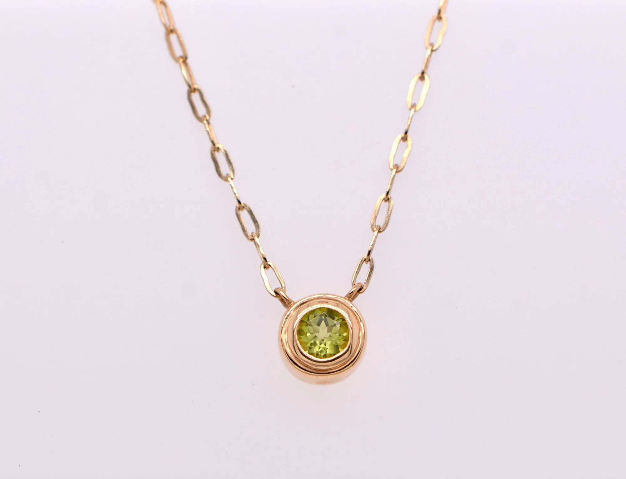 Peridot Natural Round Bezel Set Paperclip Layering Necklace for Women : August Birthstone Jewelry