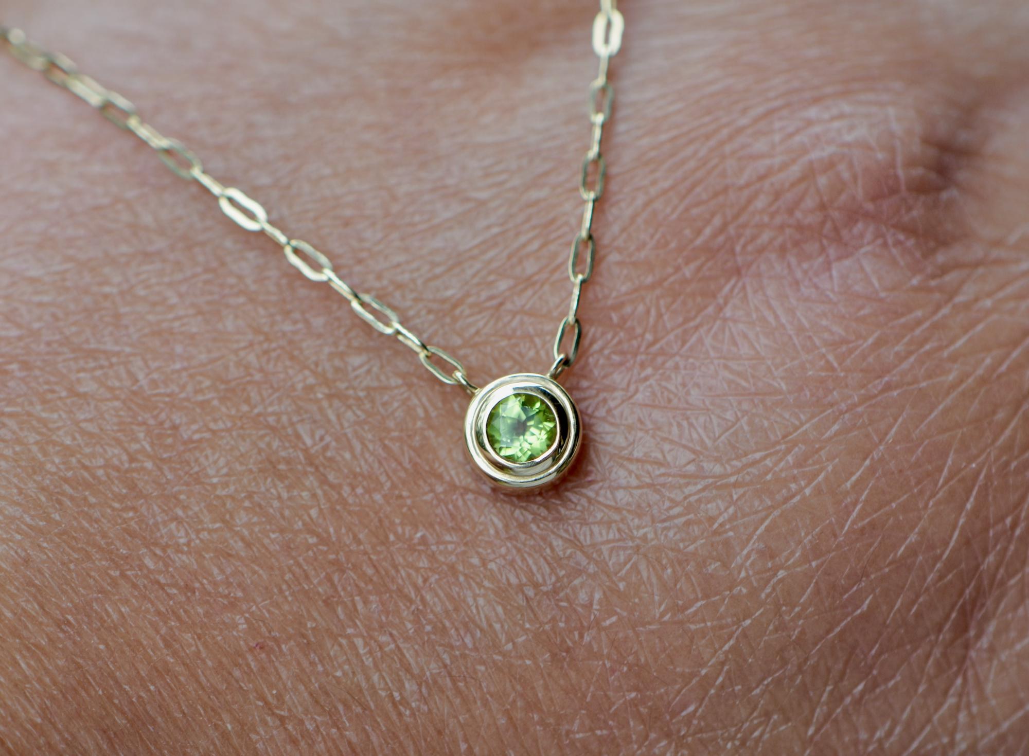 Peridot Natural Round Bezel Set Paperclip Layering Necklace for Women : August Birthstone Jewelry, worn view