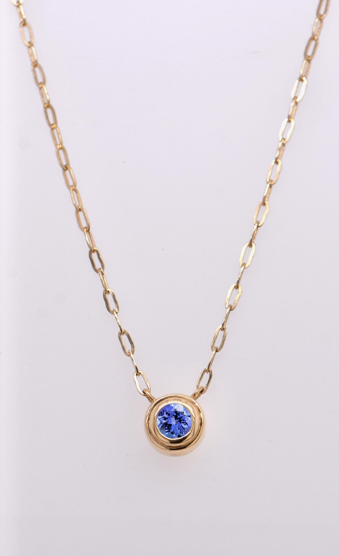Tanzanite Natural Round Bezel Set Paperclip Layering Necklace for Women : December Birthstone, detail view