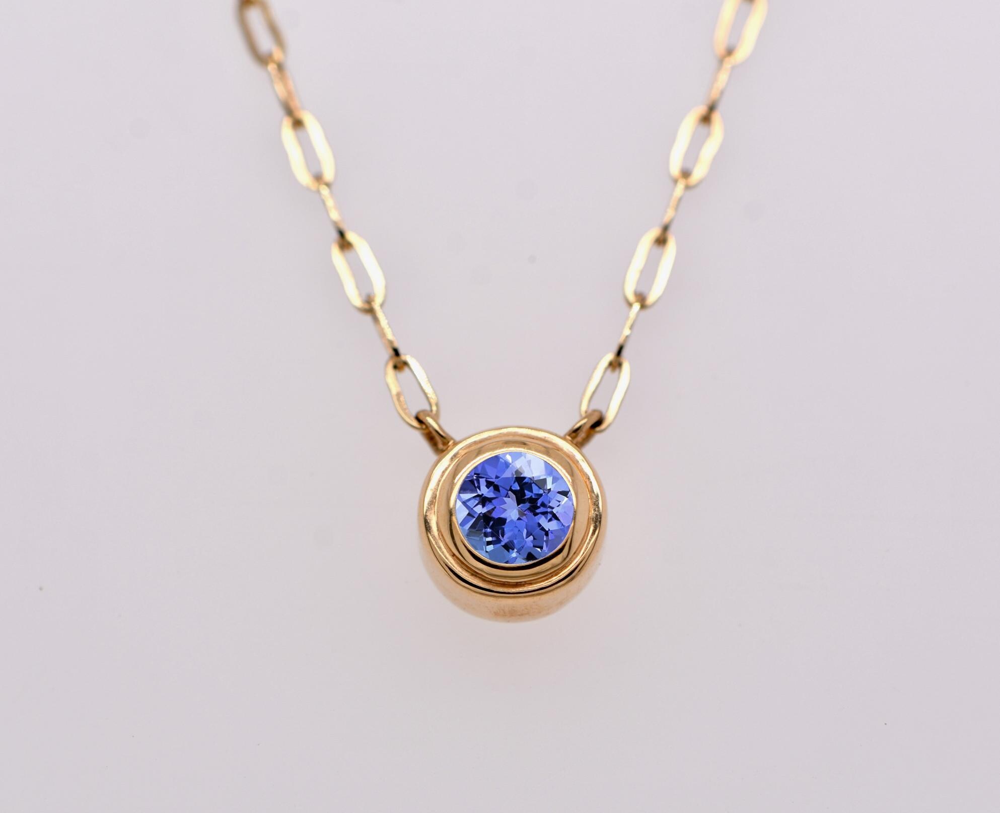 Tanzanite Natural Round Bezel Set Paperclip Layering Necklace for Women : December Birthstone
