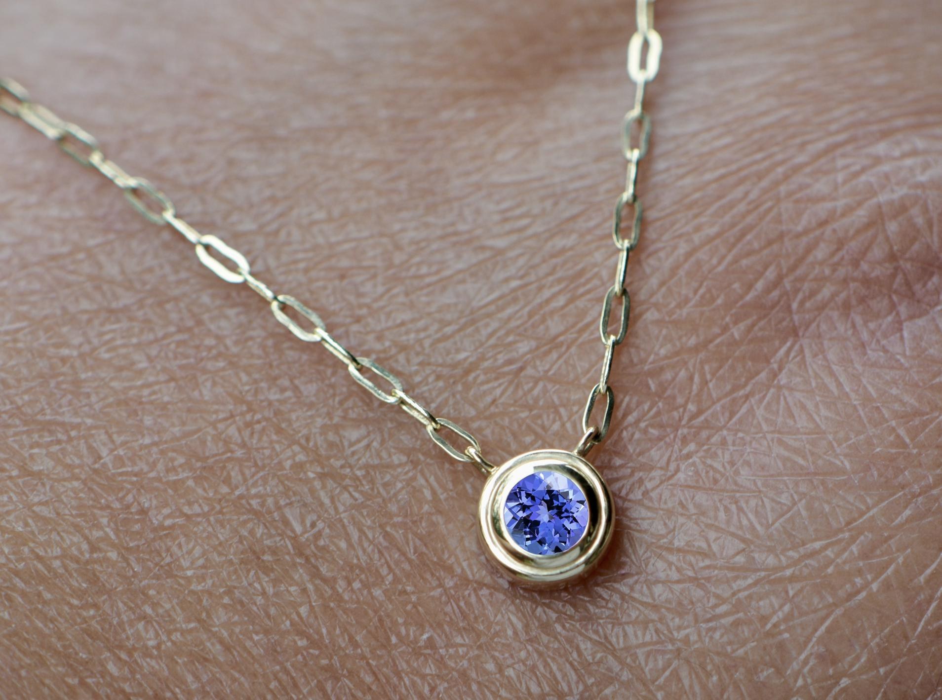 Tanzanite Natural Round Bezel Set Paperclip Layering Necklace for Women : December Birthstone, worn view