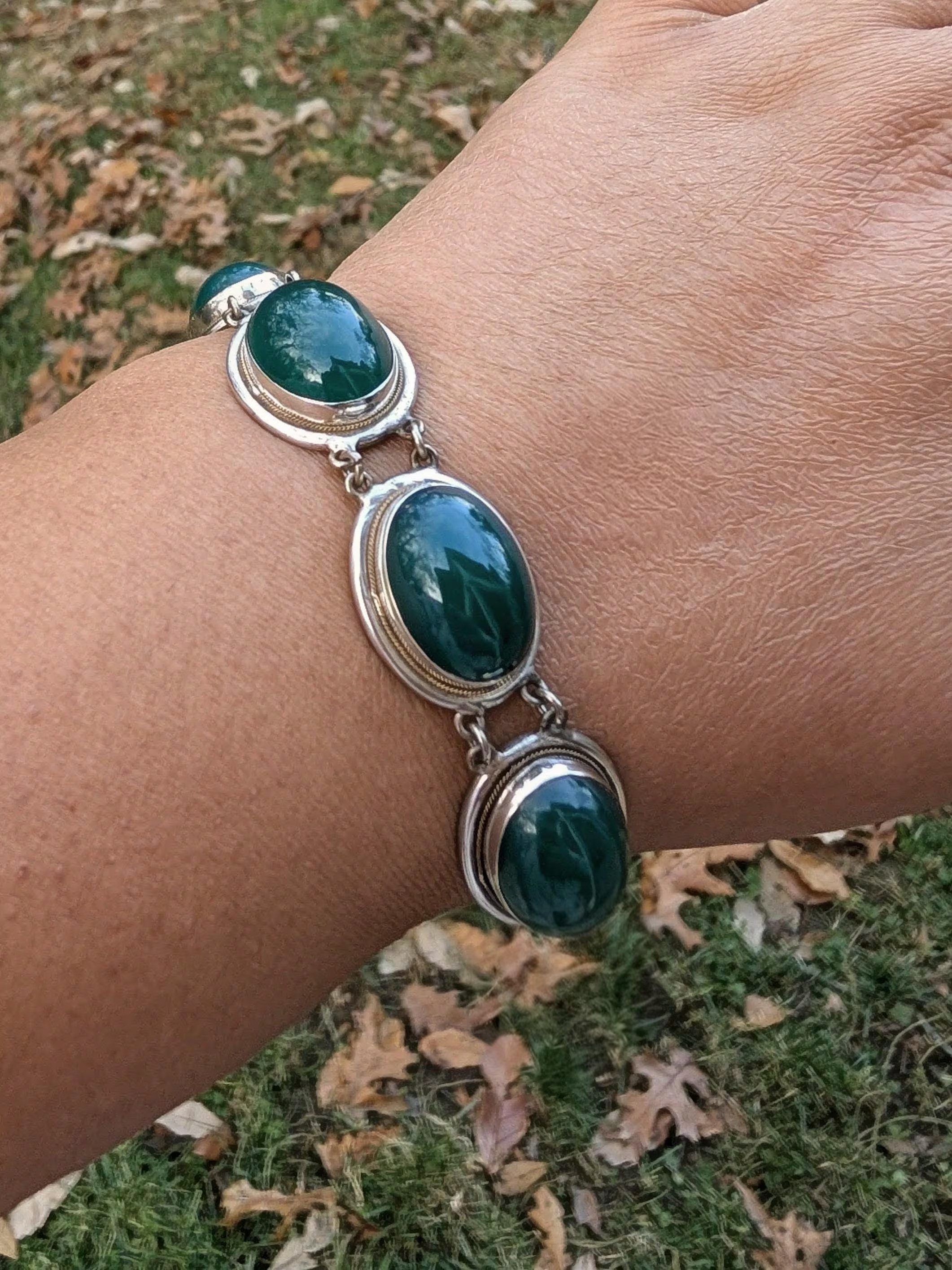 Vintage Green Onyx Sterling Silver Chunky Unisex Statement Bracket