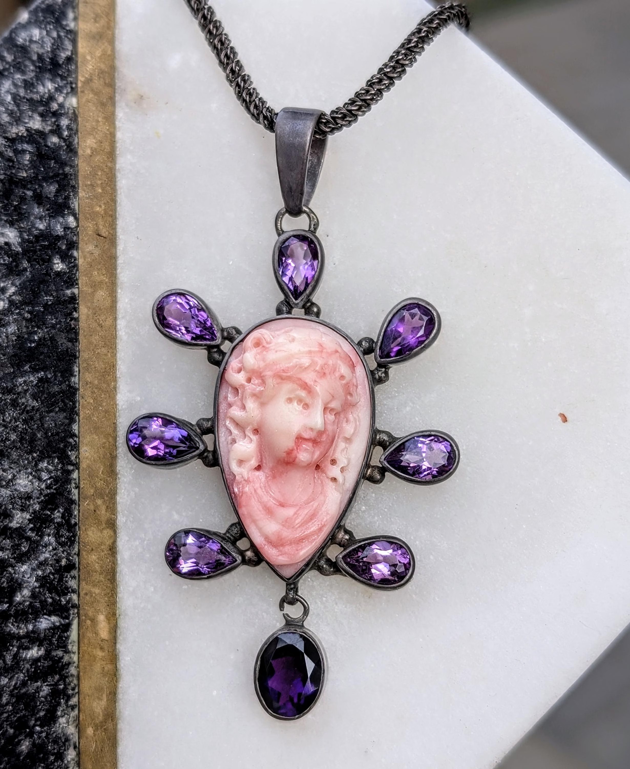 Carved Coral Pink Cameo and Amethyst Statement Vintage Necklace in Sterling Silver : February Birthstone Jewelry