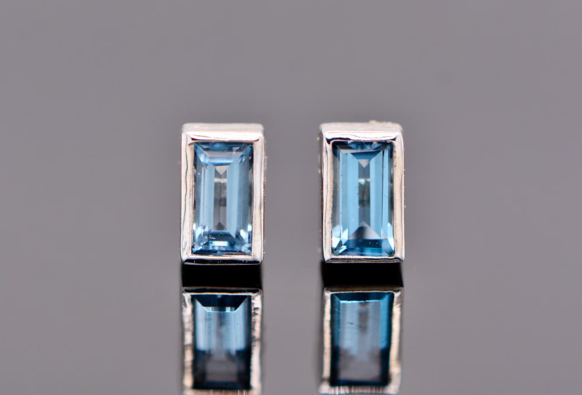 London Blue Topaz Baguette 14k White Gold Minimalist Stud Earrings : December Birthstone Jewelry