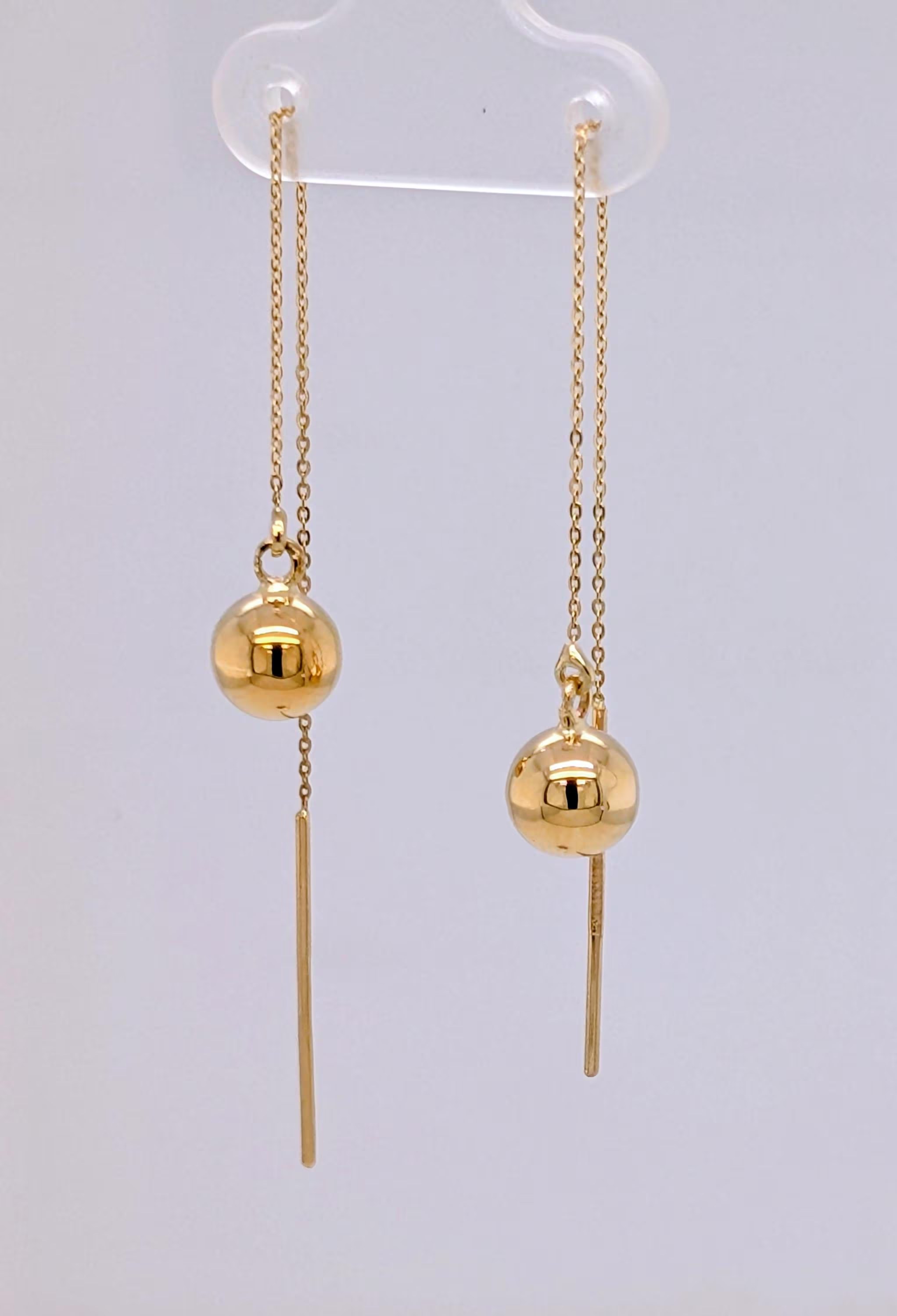 Ball Drop Threader Earrings Solid 14k Gold : Long Dangly Ball Drops