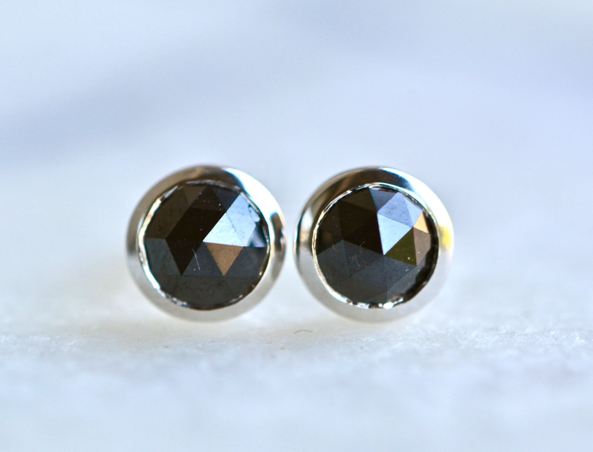 Black Diamond 2.11 cts Rose Cut 14kt White Gold Bezel Stud Earrings 8mm : April Birthstone Jewelry