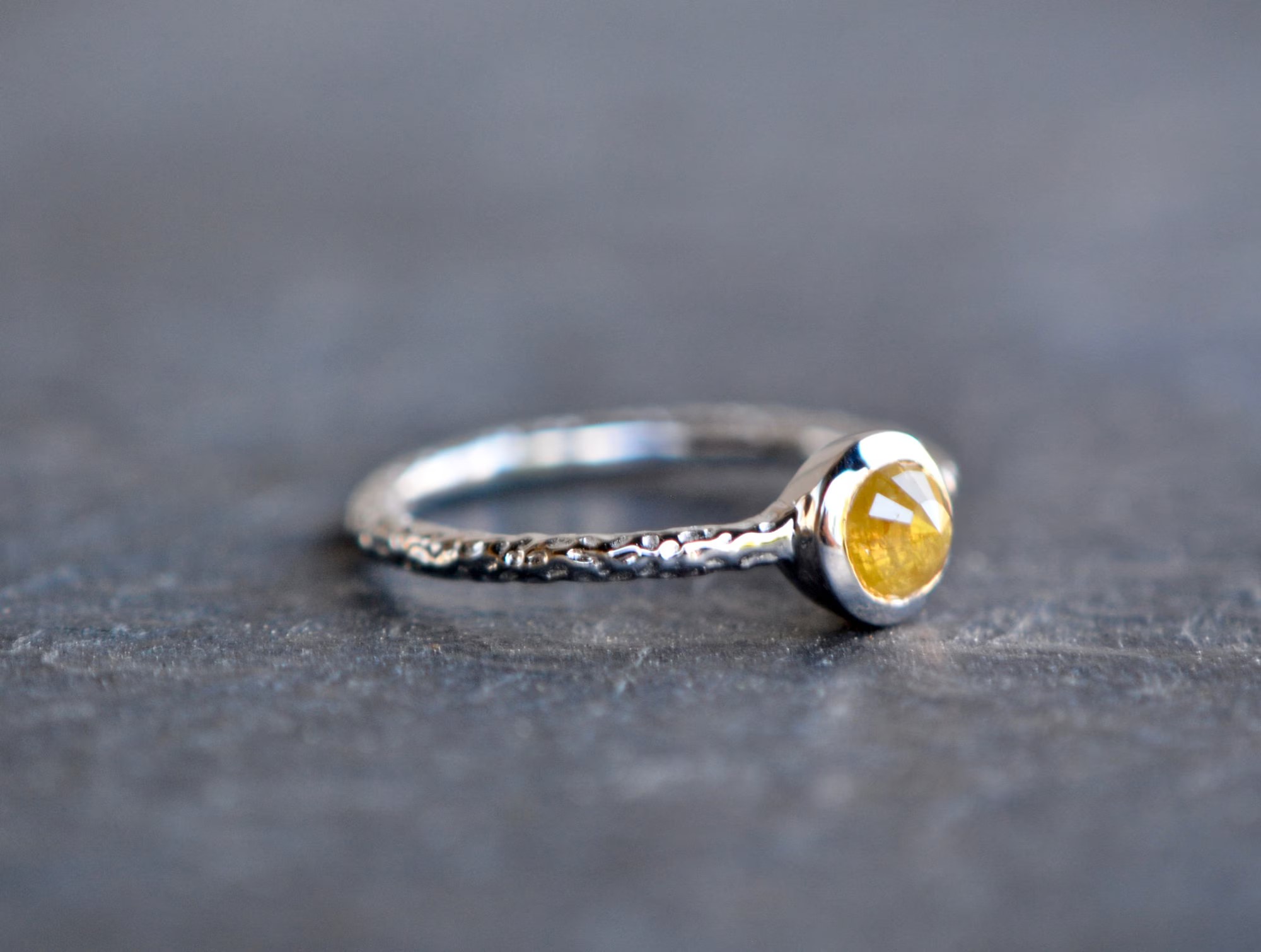 Yellow Diamond Rosecut Bezel Solitaire 14k White Gold Hammered Band Ring Size 6.75 : Engagement or Promise Ring