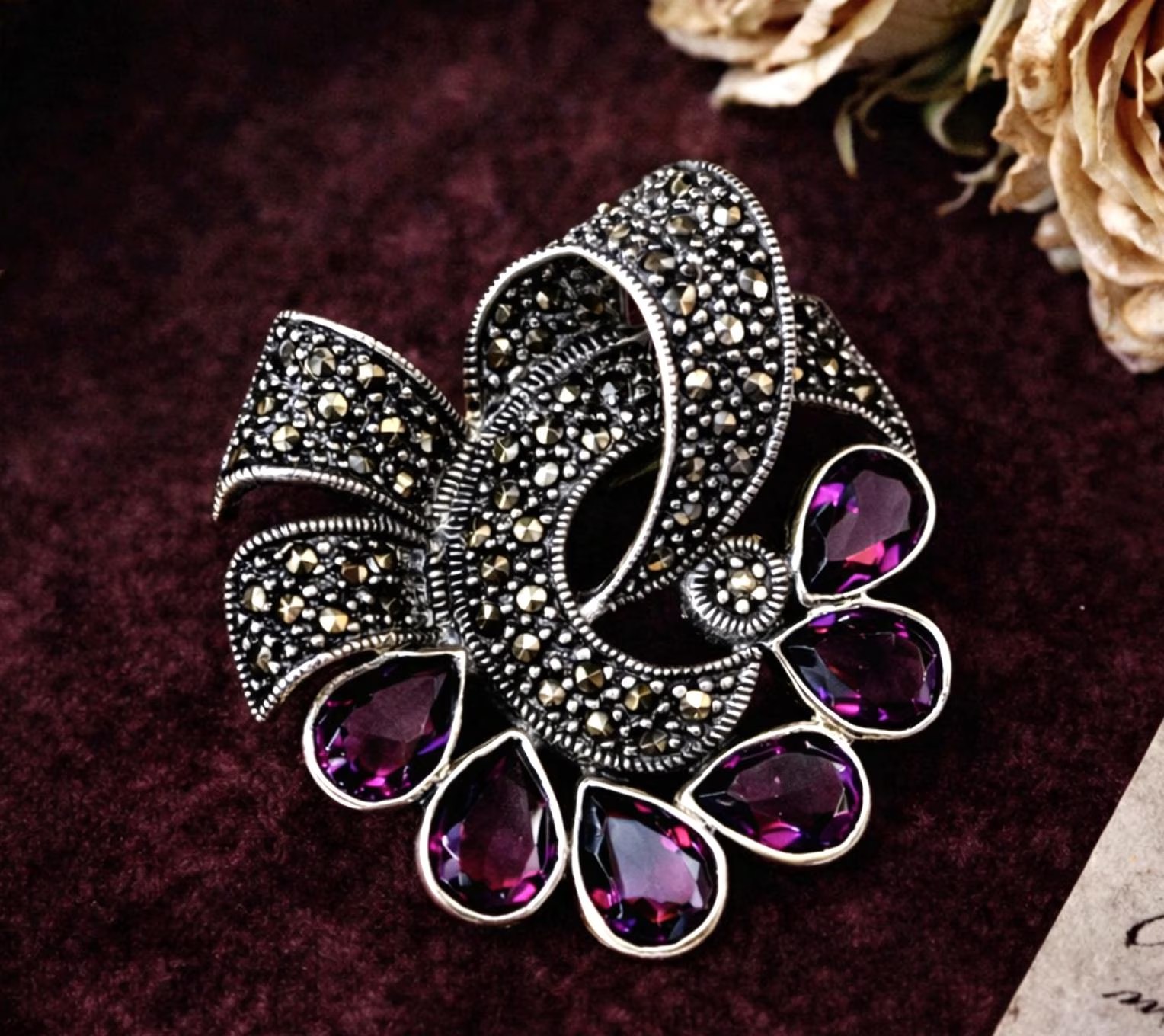 Vintage Rhodolite Garnet and Marcasite Statement Pendant and Brooch in Sterling Silver : One of a Kind January Birthstone Gift