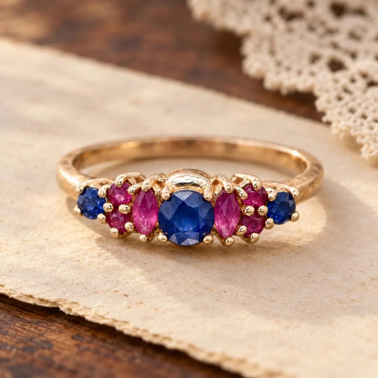 Ruby Sapphire Vintage Ring Solid 14kt Gold : 5th 10th 15th or 40th Anniversary Band for Women