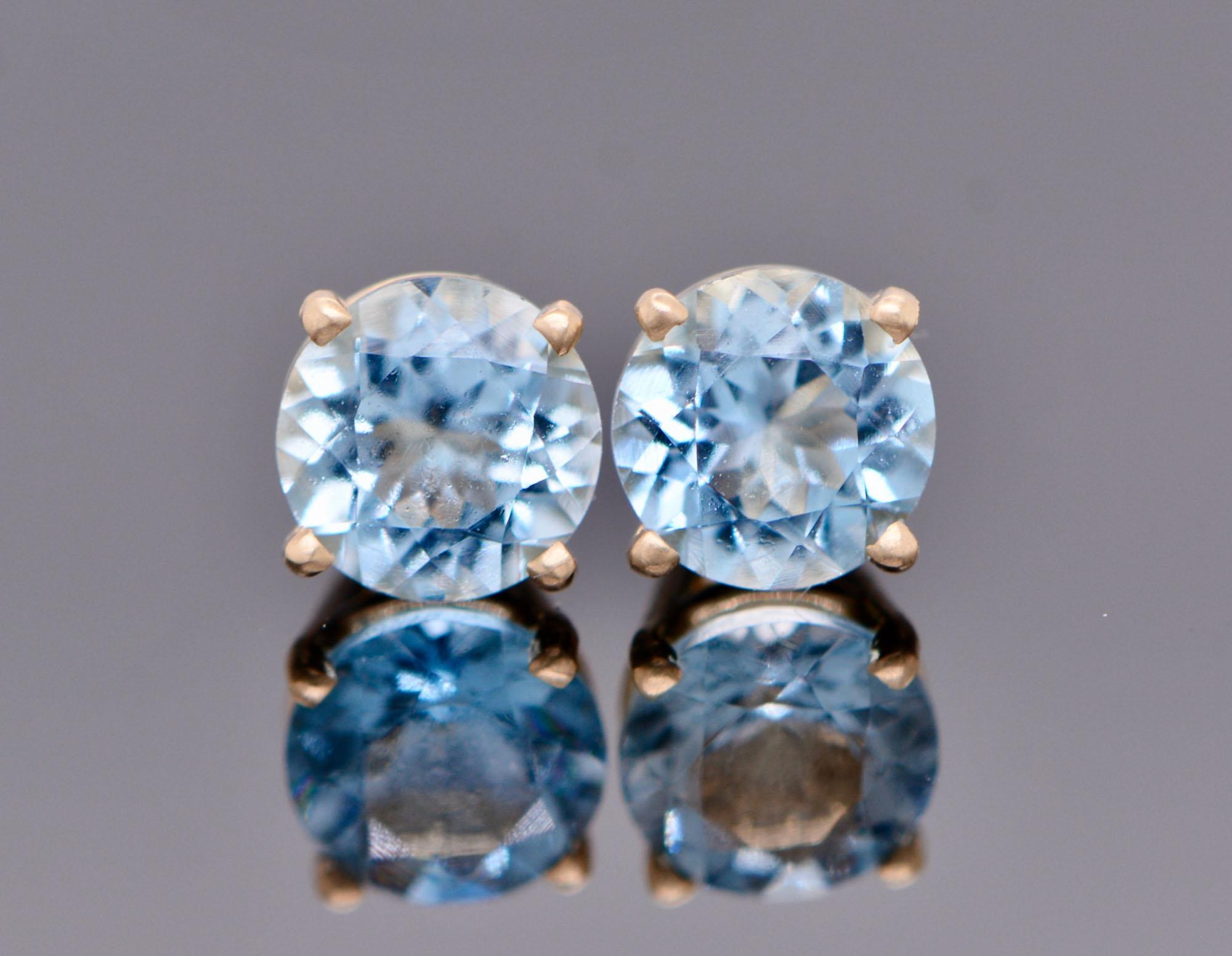 Aquamarine Natural 6mm Round Stud Earrings Solid 14kt Gold : March Birthstone Jewelry