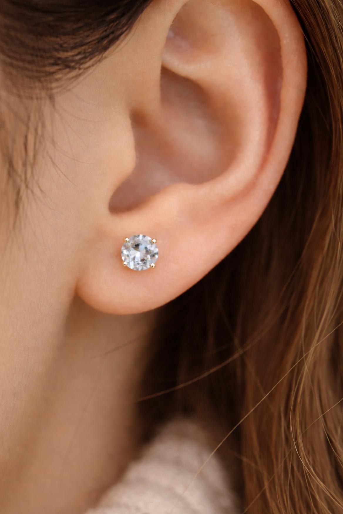 Aquamarine Natural 6mm Round Stud Earrings Solid 14kt Gold : March Birthstone Jewelry, worn view
