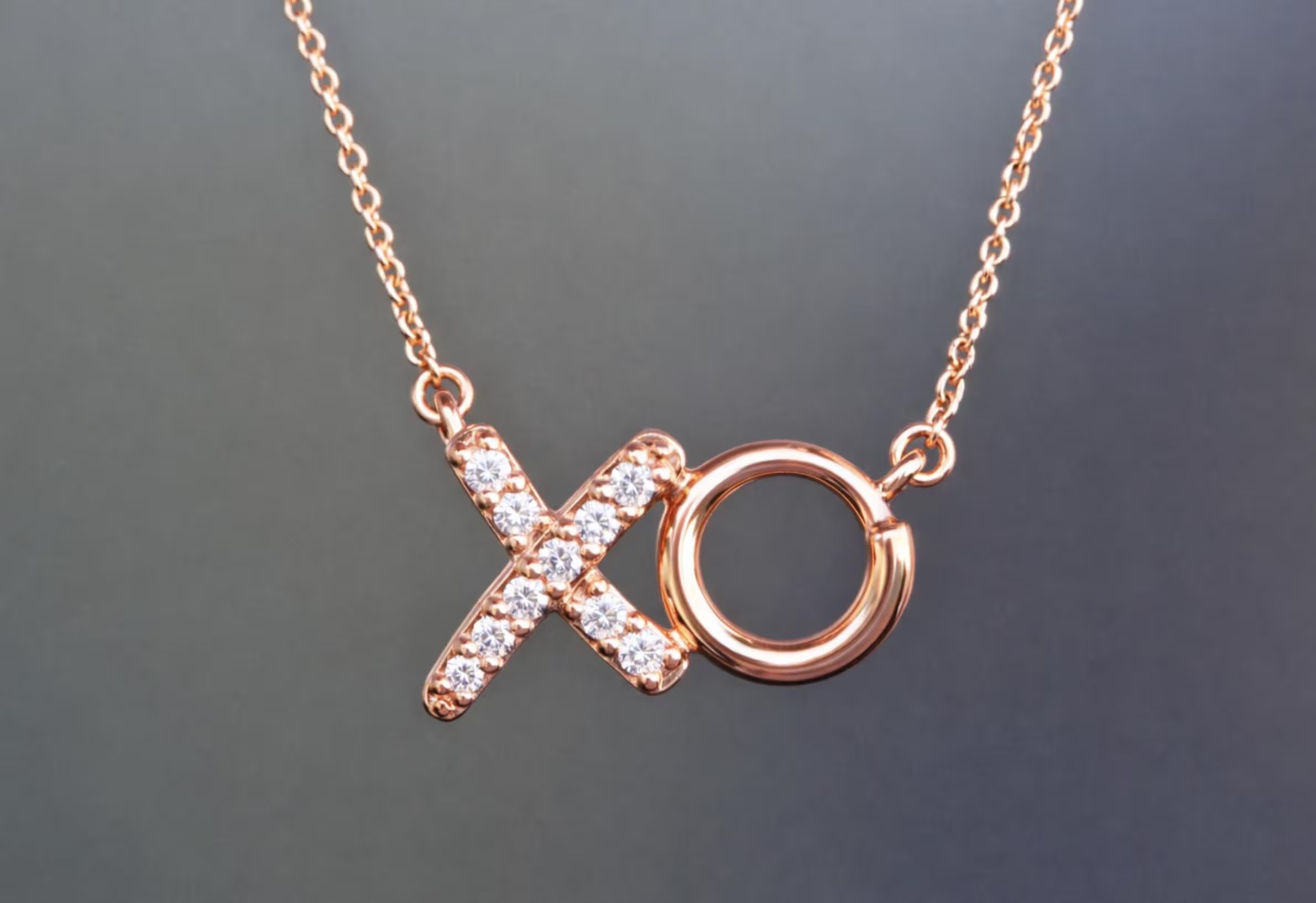 XO Diamond Necklace Solid 18kt Rose Gold : Hug & Kisses Minimalist Layering Necklace