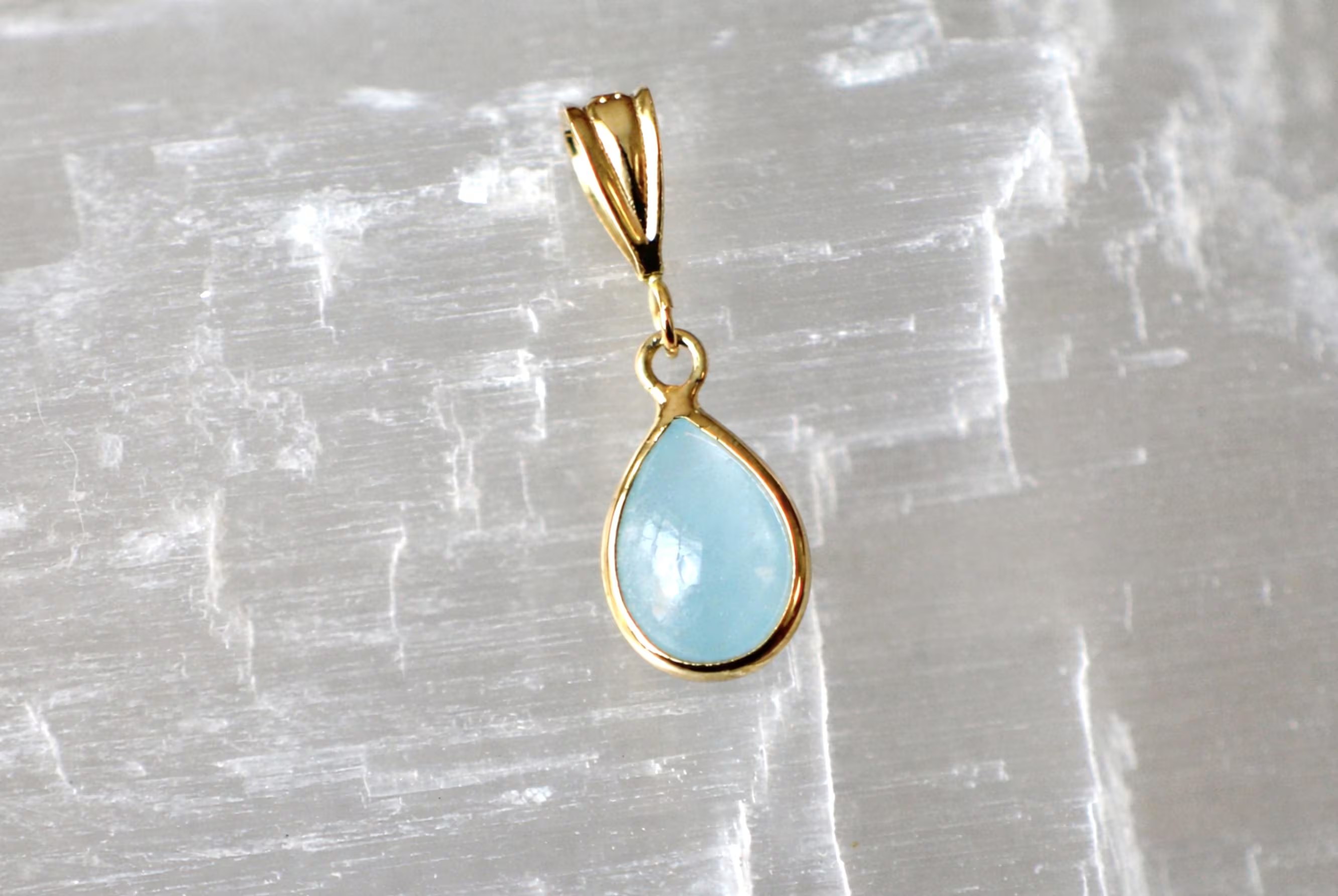 Aquamarine Dainty Teardrop Pendant Solid 14k Gold : March Birthstone Charm