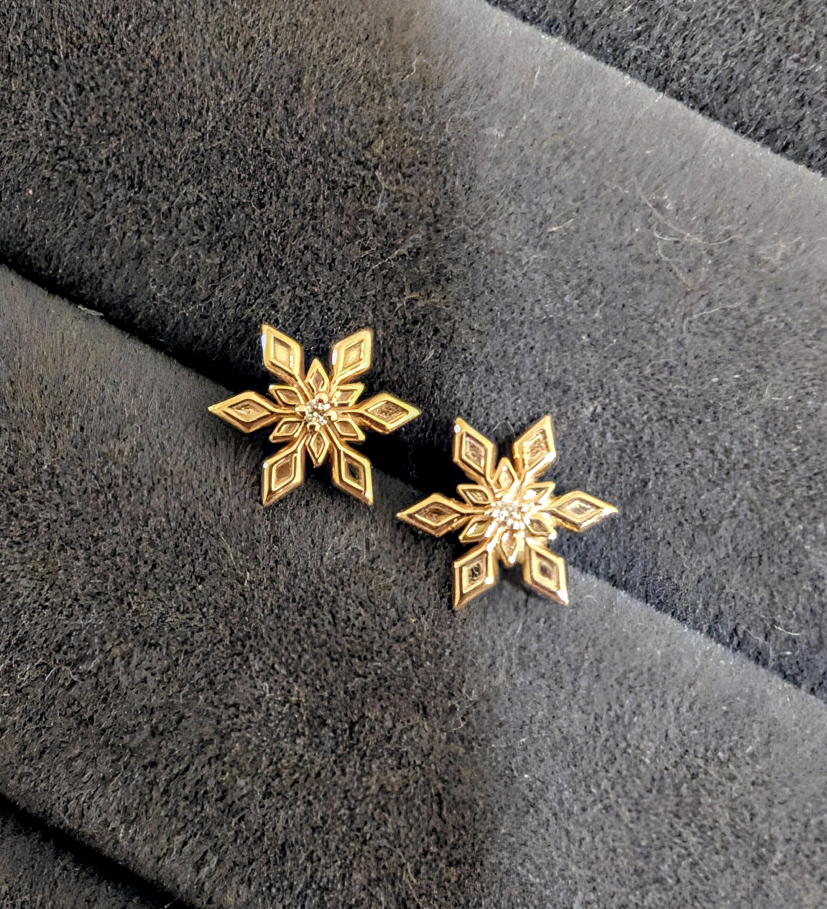 Snowflake Earrings with Diamonds in Solid 14k Gold : Everyday Studs for Women or Girls