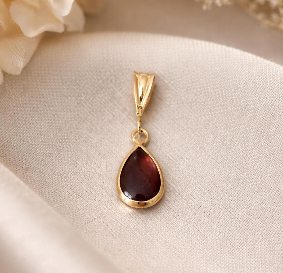 Garnet Dainty Teardrop Pendant Solid 14k Gold : January Birthstone Charm