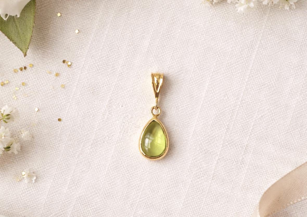Peridot Dainty Teardrop Pendant Solid 14k Gold : August Birthstone Charm
