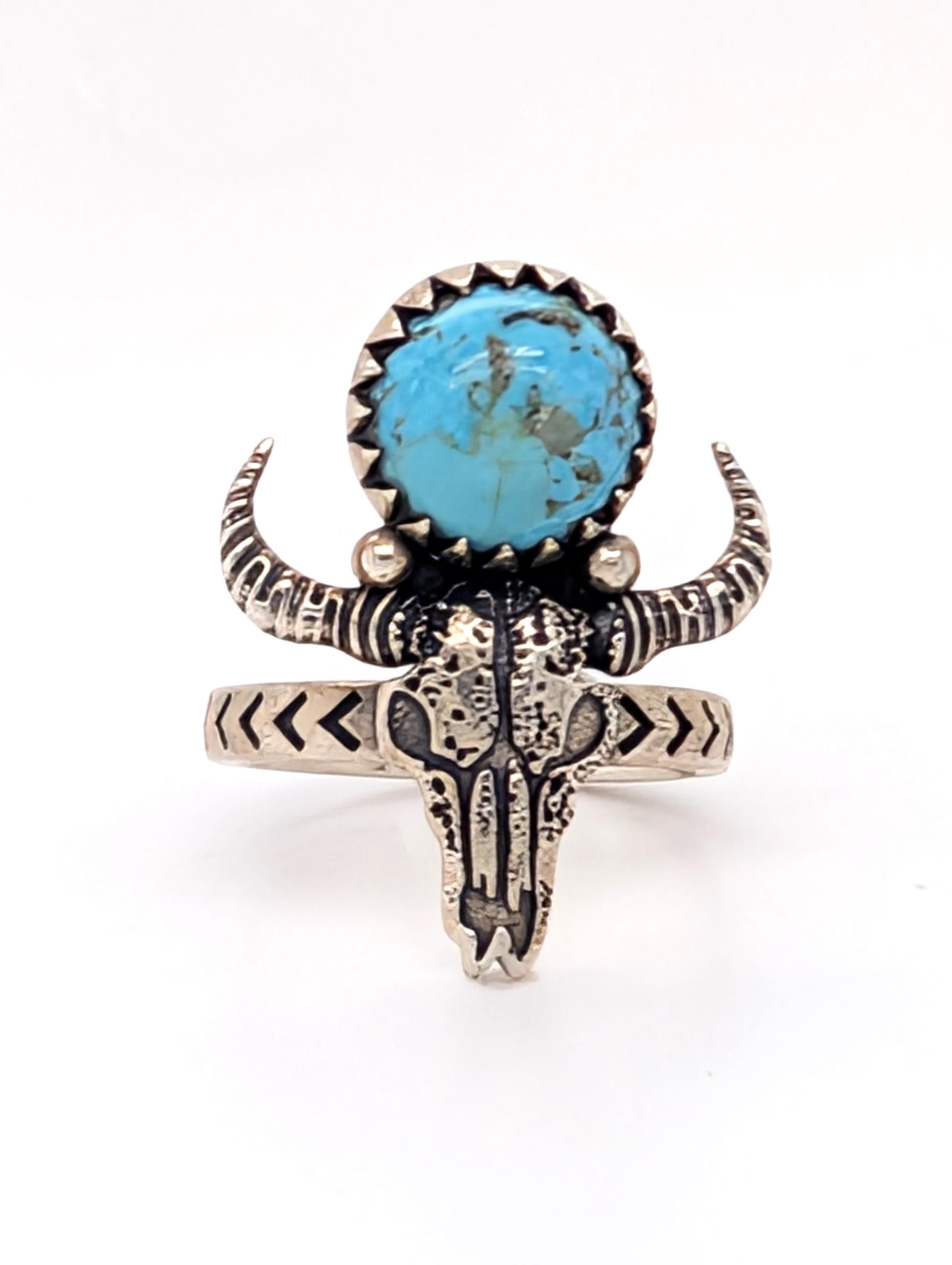 Turquoise Southwestern Bison Skull Ring in Sterling Silver : Cowboy Boho Artisan Ring Size 7
