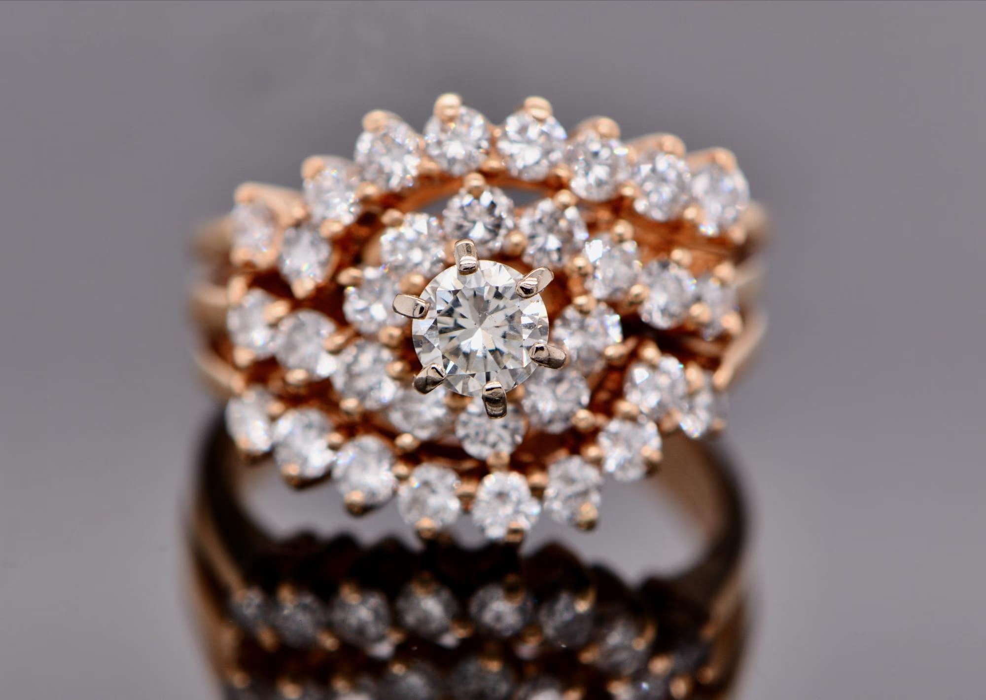 Diamond Cluster Swirl Ring Solid 14kt Gold : Vintage Cocktail Ring