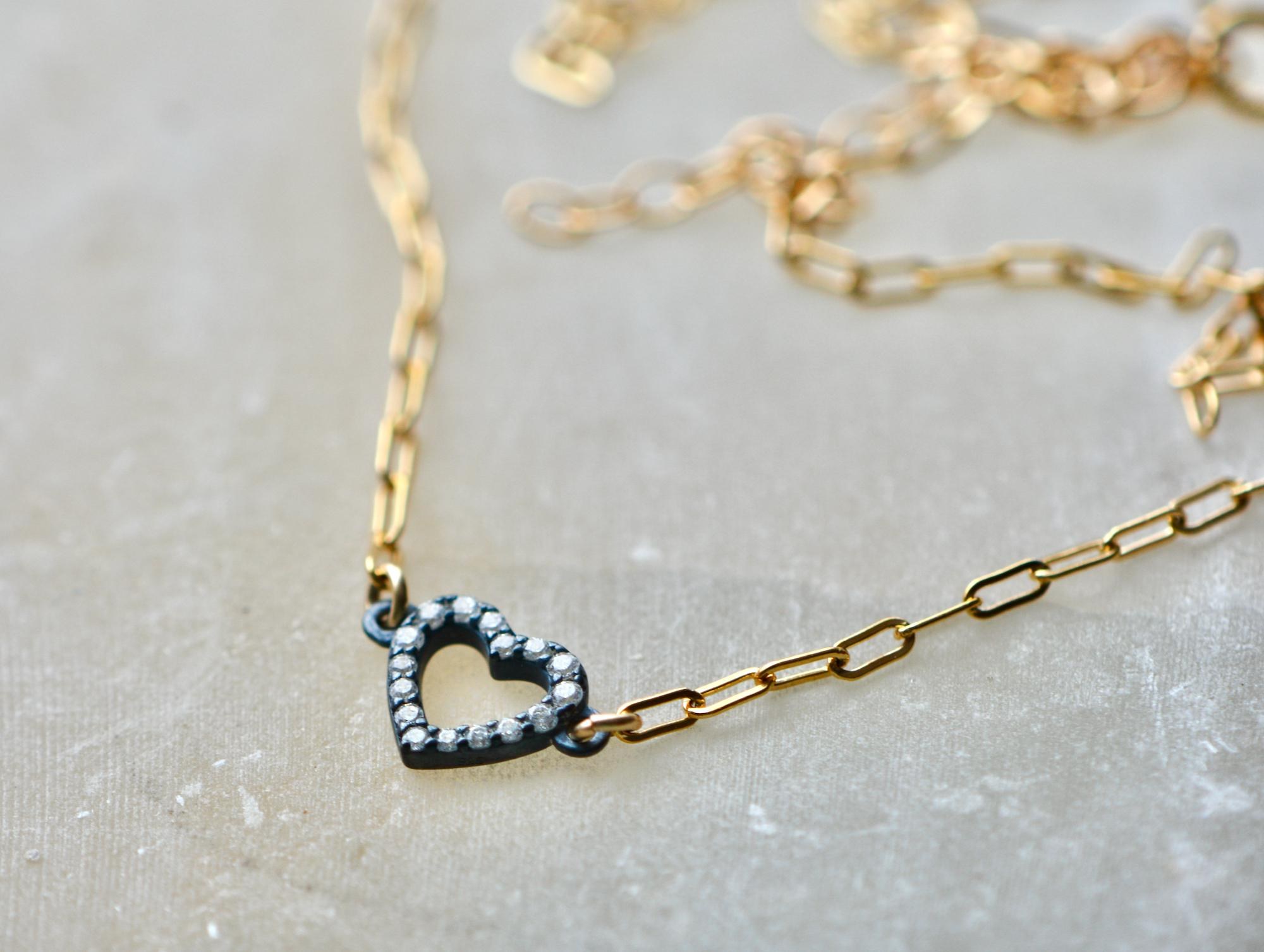 Heart Necklace in Oxidized Sterling Silver with a Gold Vermeil Chain : Modern Layering Necklace fo Women