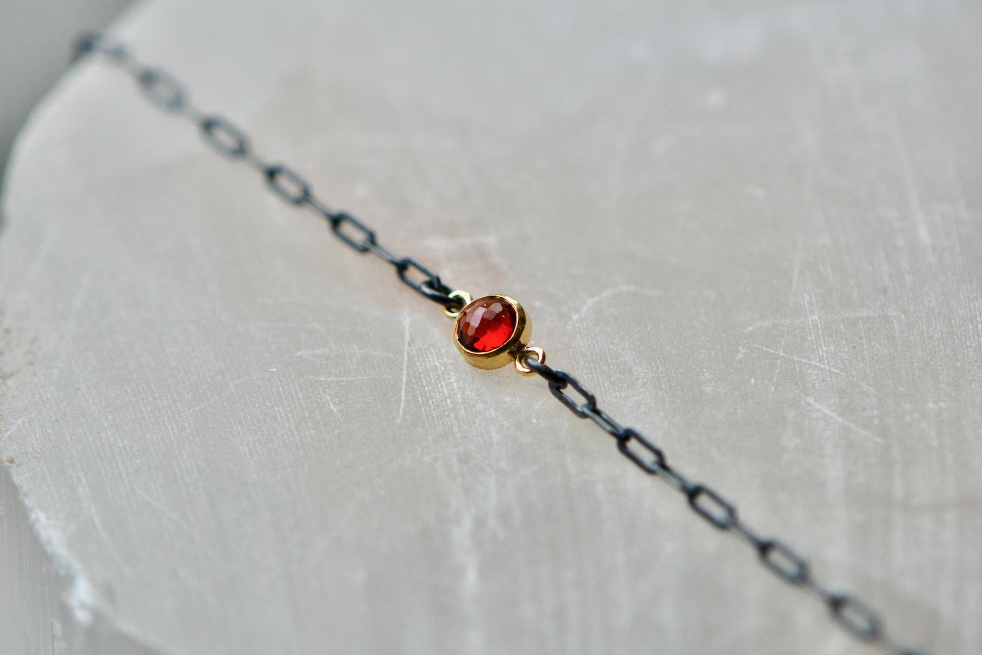 Garnet Bracelet in Oxidized Sterling Silver Paperclip chain with a Gold Vermeil Bezel : January Birthstone