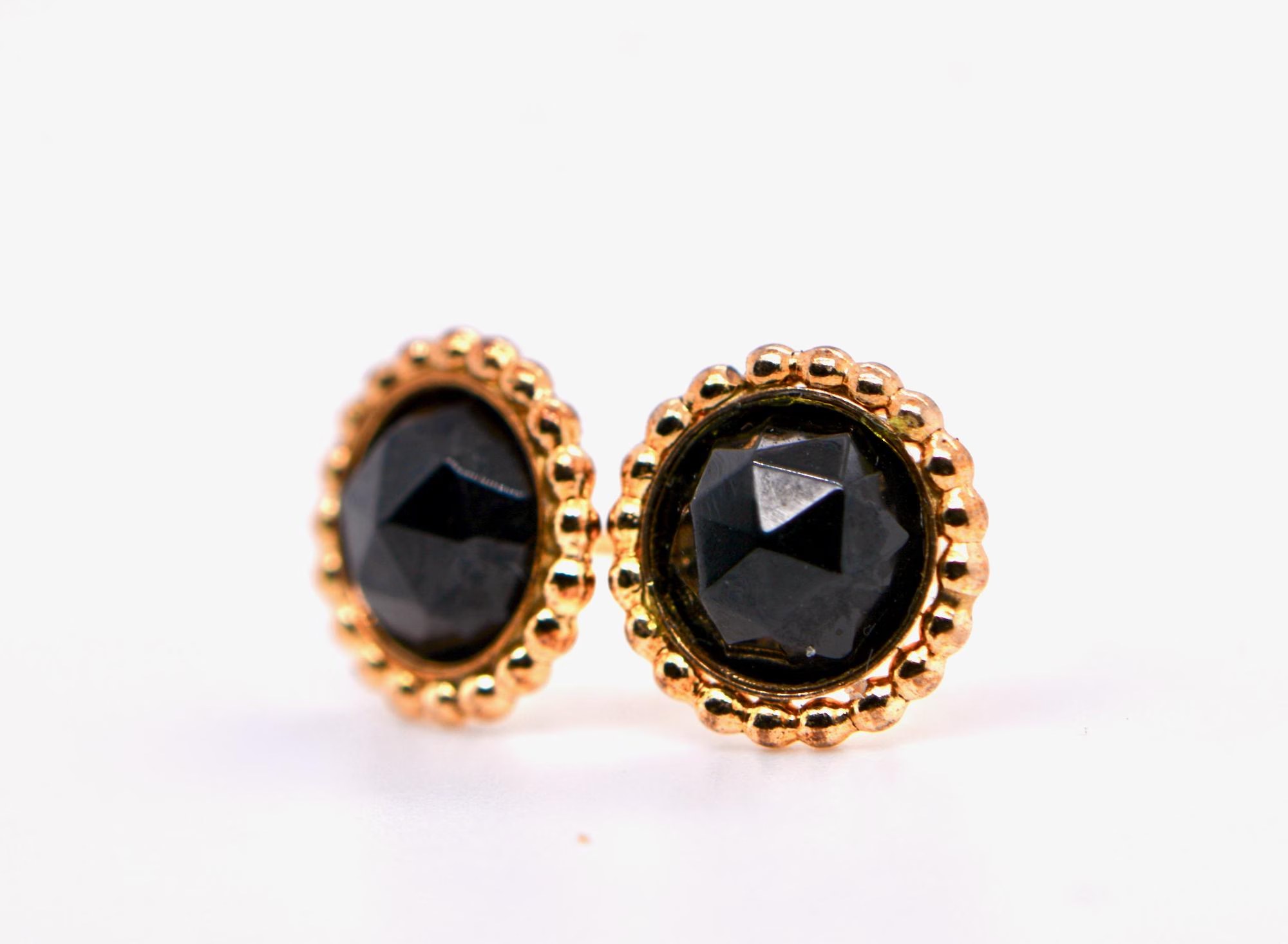 Black Spinel Rosecut Gold Filled Beaded Edge Stud Earrings : August Birthstone Jewelry